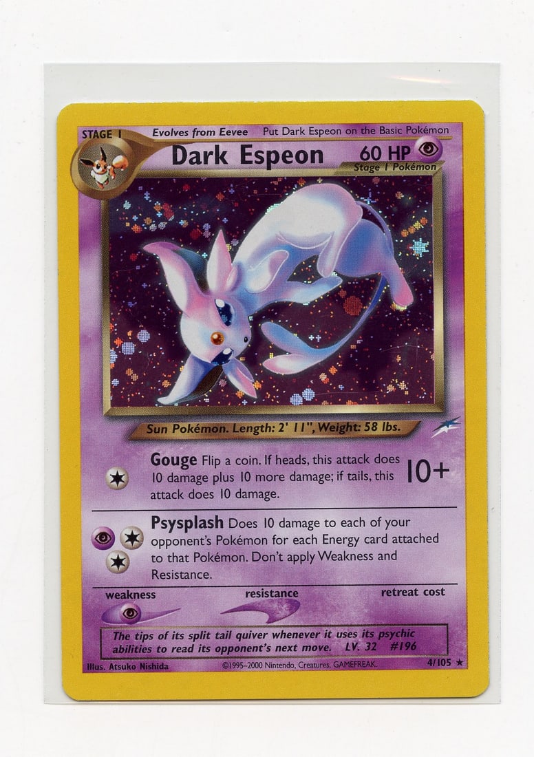 Dark Espeon #4 Holo Neo Destiny - LP: Dark Espeon #4 Holo from the Neo Destiny set, in Light Play condition. This card looks fantastic, but does have some light surface wear and silvering that stops it from achieving a Near Mint grading.