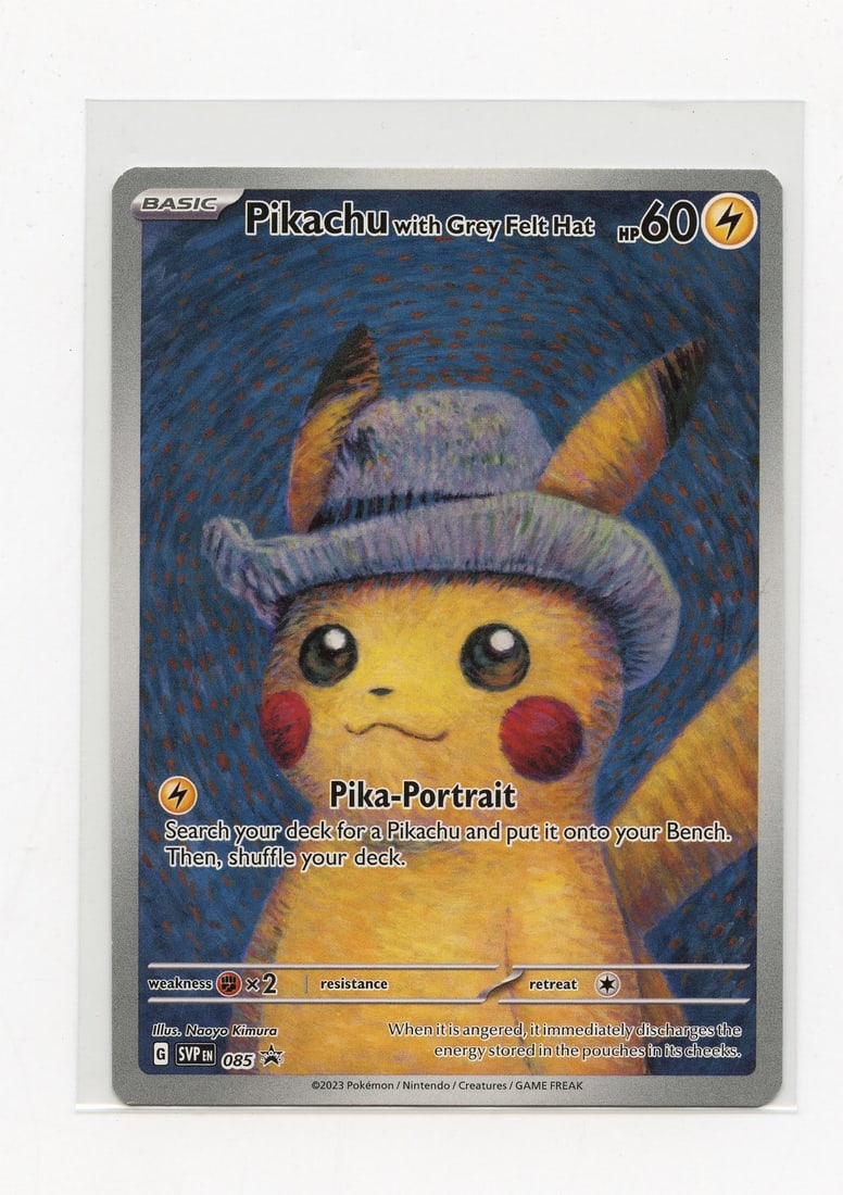 Van Gogh Pikachu #85 Promo - Ungraded (LP+): The Van Gogh Pikachu #85 Promo, ungraded and in LP+ condition. This card looks good but does have some very light whitening most visible on the top border, alongside some very light surface scuffing.