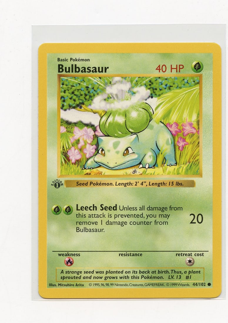 Bulbasaur #44 1st Edition Shadowless - Base Set (NM): Bulbasaur #44 1st Edition Shadowless from Base Set, released in 1999. A fantastic example in Near Mint condition.