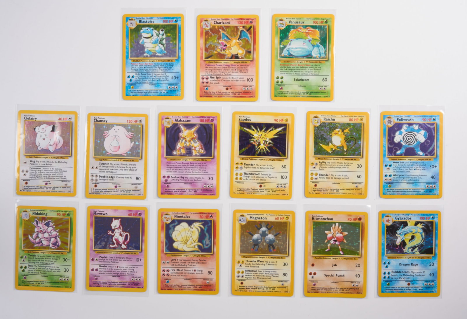 Base Set - Unlimited All Original x15 Holos Set: This set features the x15 original Base Set holos, missing only Machamp.The holos in this bundle are all between very light play to near mint condition, with only extremely light wear and minor 'silve