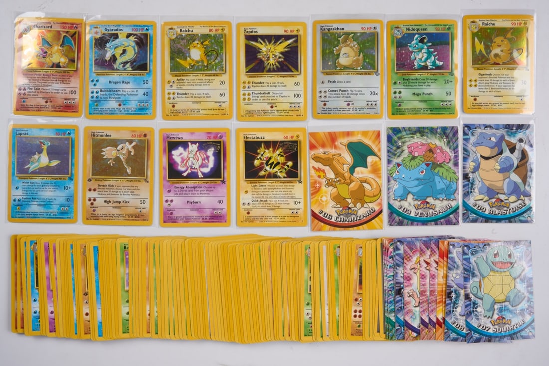Vintage Childhood Collection Base Set // Jungle // Fossil Inc. Charizard #4 and other Holos: This lot features 100s of cards from the Base Set, Jungle, and Fossil expansions (1999), in a wide range of conditions. From this large collection, x9 holos are present, alongside x2 Black Star Promos