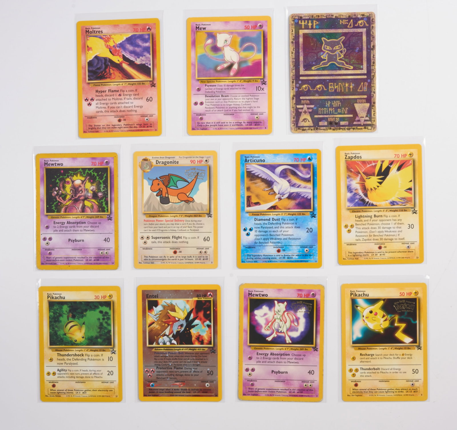Vintage Black Star Promo Bundle (x11 cards): A collection of x11 vintage Black Star Promos from the Wizards of the Coast era. With a wide range of conditions, the following cards are included:Ancient Mew (LP)Mew #8 (MP)Moltres #21 (LP+)Zapdos #2