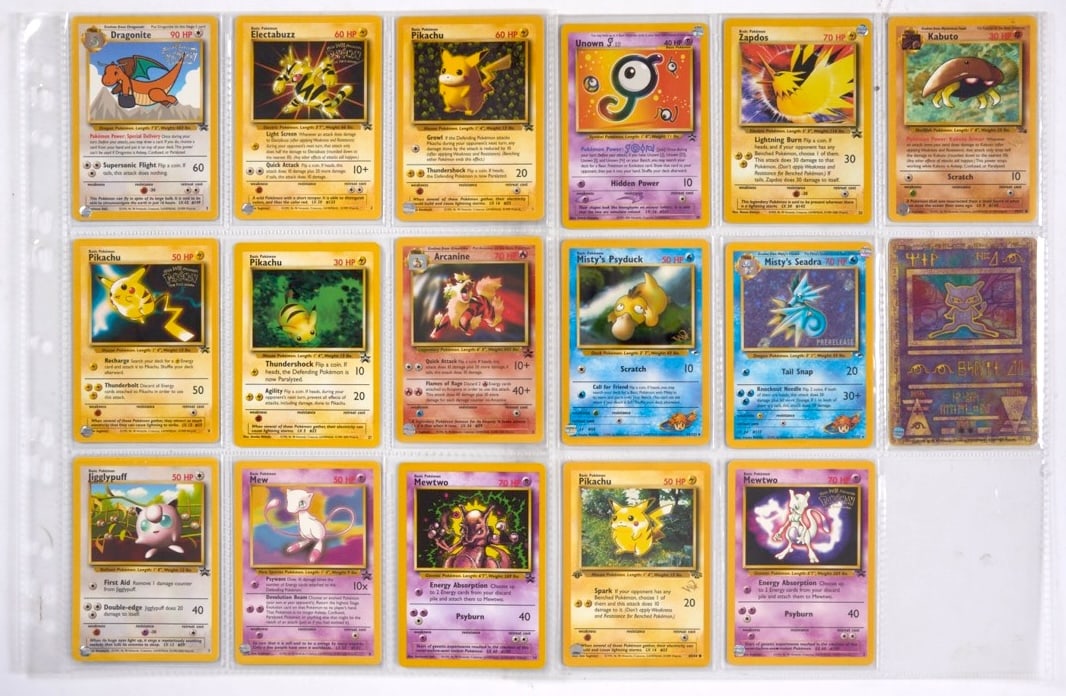 WotC Black Star Promo // W Stamp Promo Collection x17 Cards: A collection of x18 WotC era Black Star and Stamped Promos, in Light Play to Near Mint condition. Included in this collection are:Dragonite #5, Electabuzz #2, Pikachu #1, Pikachu #4, Pikachu #27, Arca