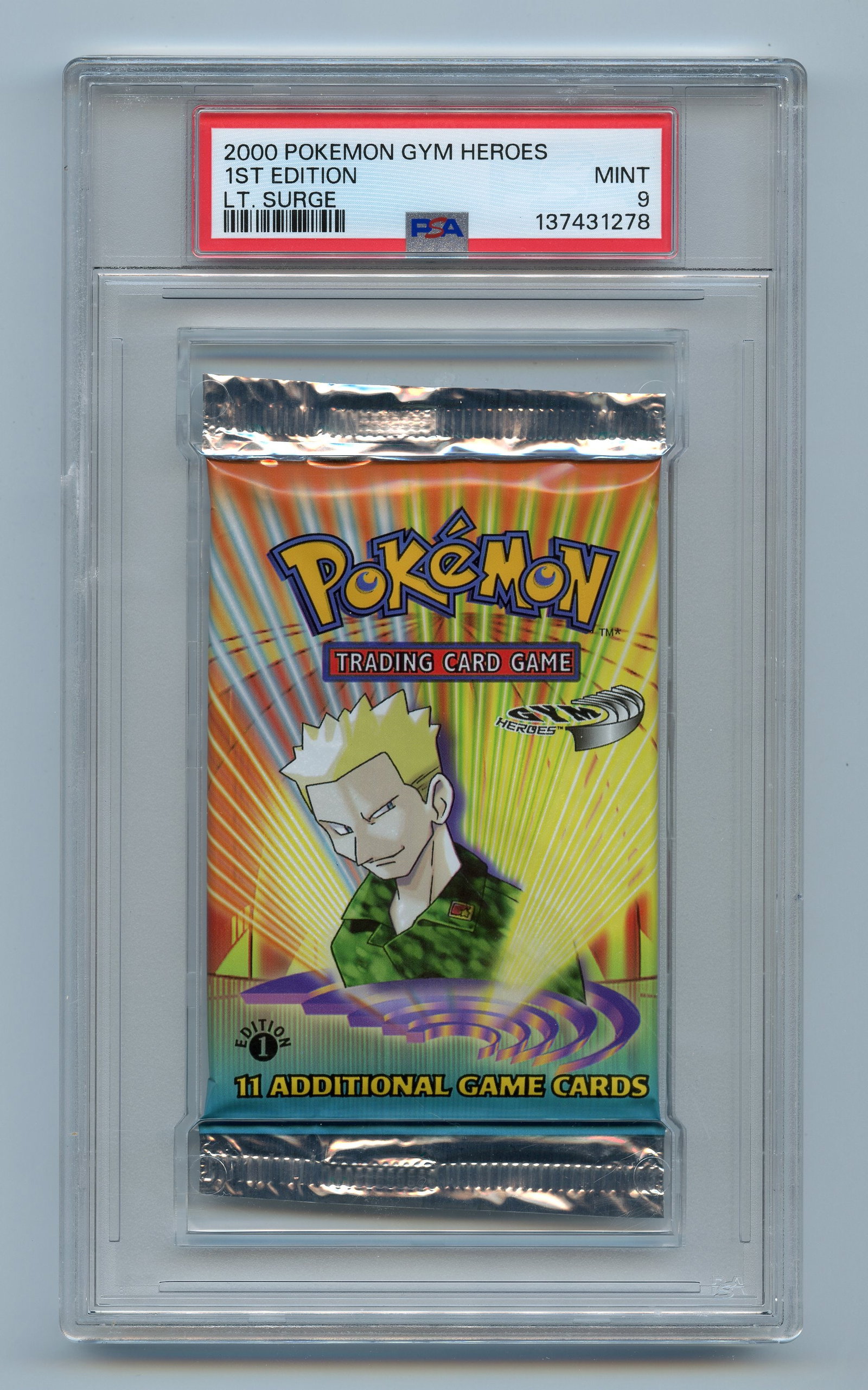 PSA 9 Gym Heroes 1st Edition Booster Pack - Lt. Surge Artwork: A MINT 9 graded booster pack from the 1st Edition printing of Gym Heroes, released in 2000.This stunning example looks factory fresh, and features the Lt. Surge artwork alongside the coveted 1st Editi