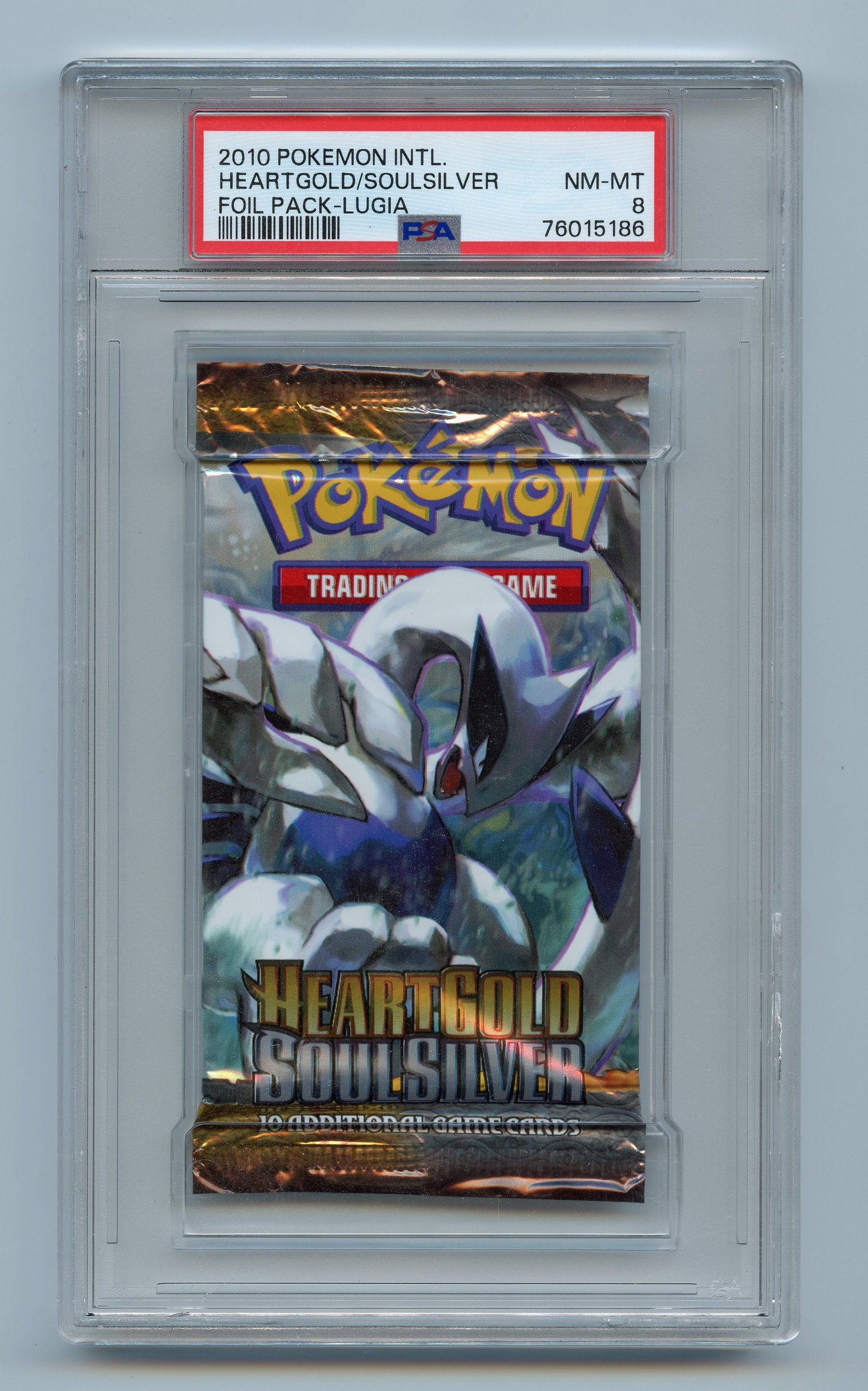 PSA 8 Heart Gold & Soul Silver Booster Pack - Lugia Artwork: A NM-MT 8 graded booster pack from the beloved Heart Gold & Soul Silver set, released in 2010.This is a near-perfect example, featuring the beautiful Lugia artwork and iconic silver and gold styling.