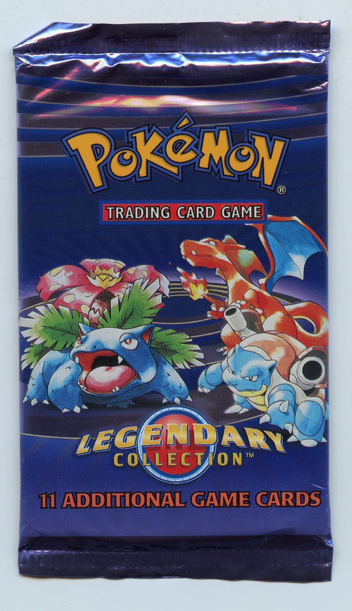 Legendary Collection Sealed Booster Pack - Kanto Starter Artwork: This lot features a sealed Legendary Collection booster pack. The pack shows signs of warping, which is customary for reverse holos in the legendary collection but this only adds to the authenticity o