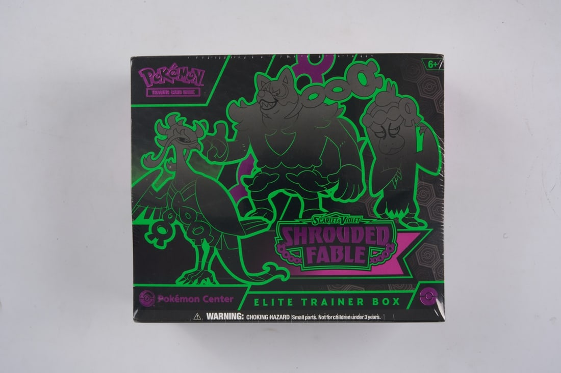 Pokemon Center Shrouded Fable Elite Trainer Box - sealed: This lot contains a factory sealed Shrouded Fable Pokemon Center ETB. The product comes with extar booster packs and a stamped promo. This item is perfectly sealed with no tears in the wrapping but so