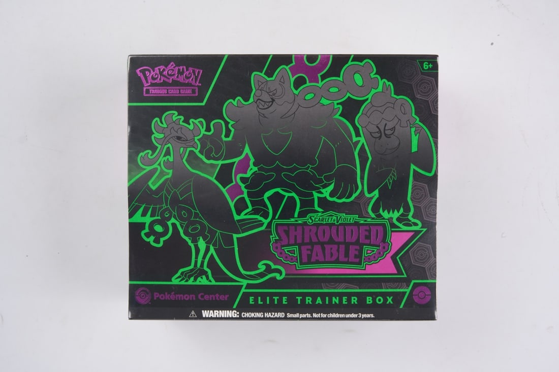 Pokemon Center Shrouded Fable Elite Trainer Box - sealed: This lot contains a factory sealed Shrouded Fable Pokemon Center ETB. The product comes with extar booster packs and a stamped promo. This item is perfectly sealed with no tears in the wrapping but so