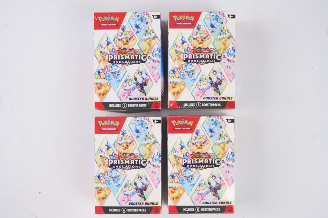 Prismatic Evolutions Booster Bundle x4 - Sealed: This lot features four Prismatic Evolutions booster bundles Each bundle is factory sealed and comtains 6 booster packs of prismatic evolutions. 3 of the 4 are in great condition but 1 box has a slight