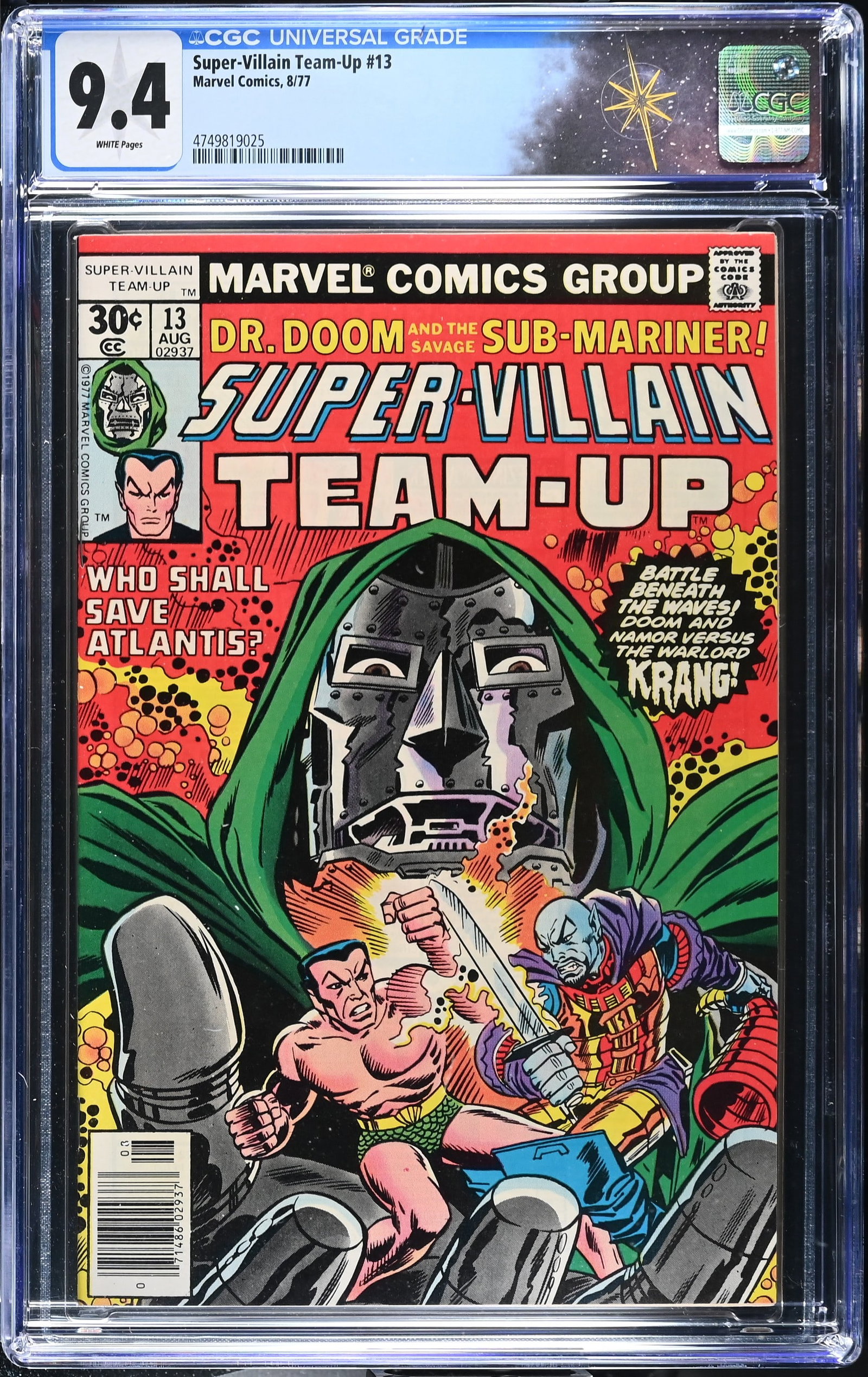 Super-Villain Team-Up #13 CGC 9.4 Doctor Doom Cover "When Walks The Warlord!" (Marvel Comics, 1977): Super-Villain Team-Up #13 CGC 9.4 "When Walks The Warlord!" (Marvel Comics, 1977).Cover by Keith Giffen and Joe Sinnott. "When Walks The Warlord!" Story by Bill Mantlo and Keith Giffen, art by Keith G