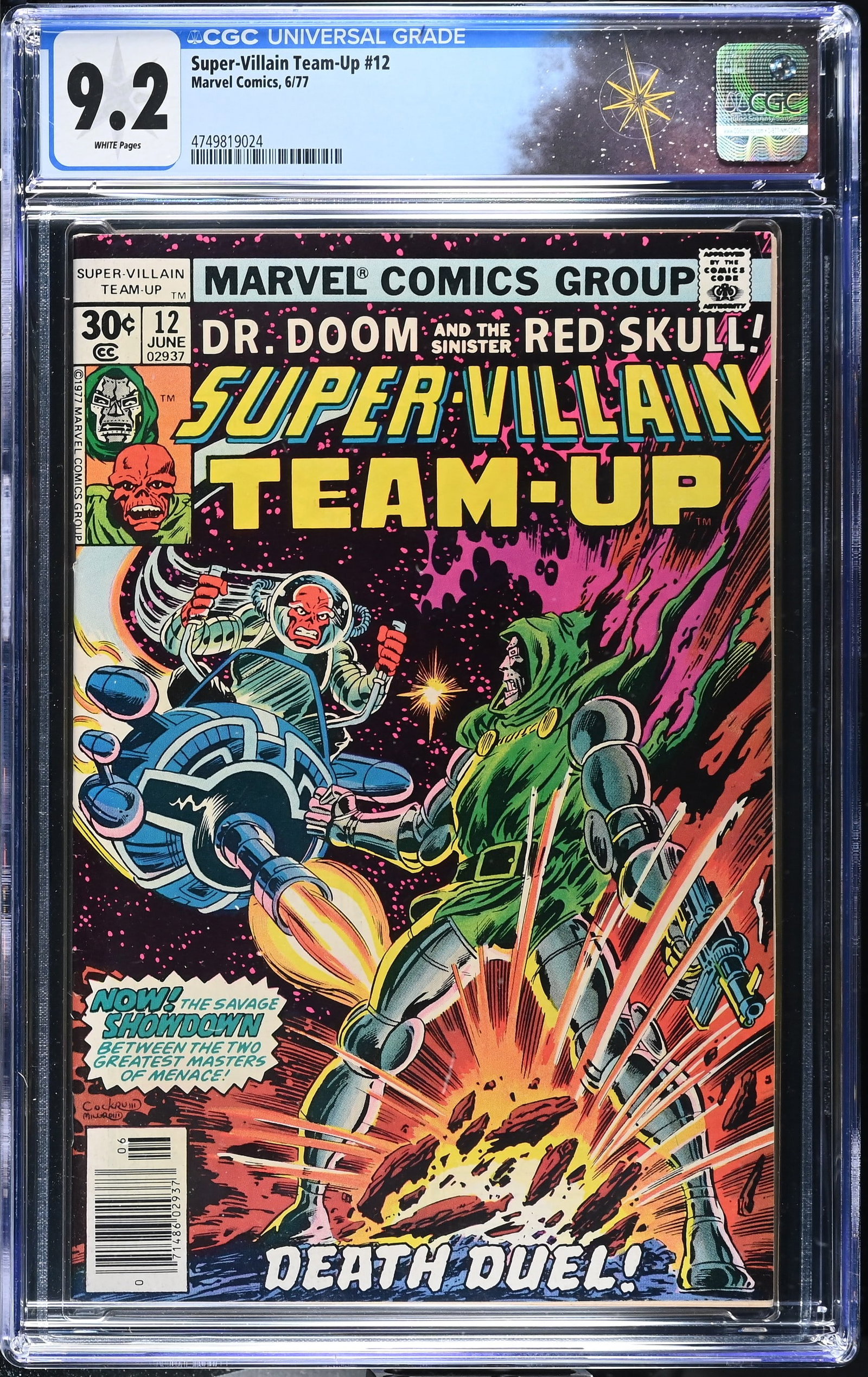 Super-Villain Team-Up #12 CGC 9.2 "Death Duel!" (Marvel Comics, 1977) White Pages: Super-Villain Team-Up #12 CGC 9.2 "Death Duel!" (Marvel Comics, 1977).Cover by Dave Cockrum & Al Milgrom. "Death Duel!" Part 3 of 3, guest-starring Captain America. Story by Bill Mantlo, art by Bob Ha