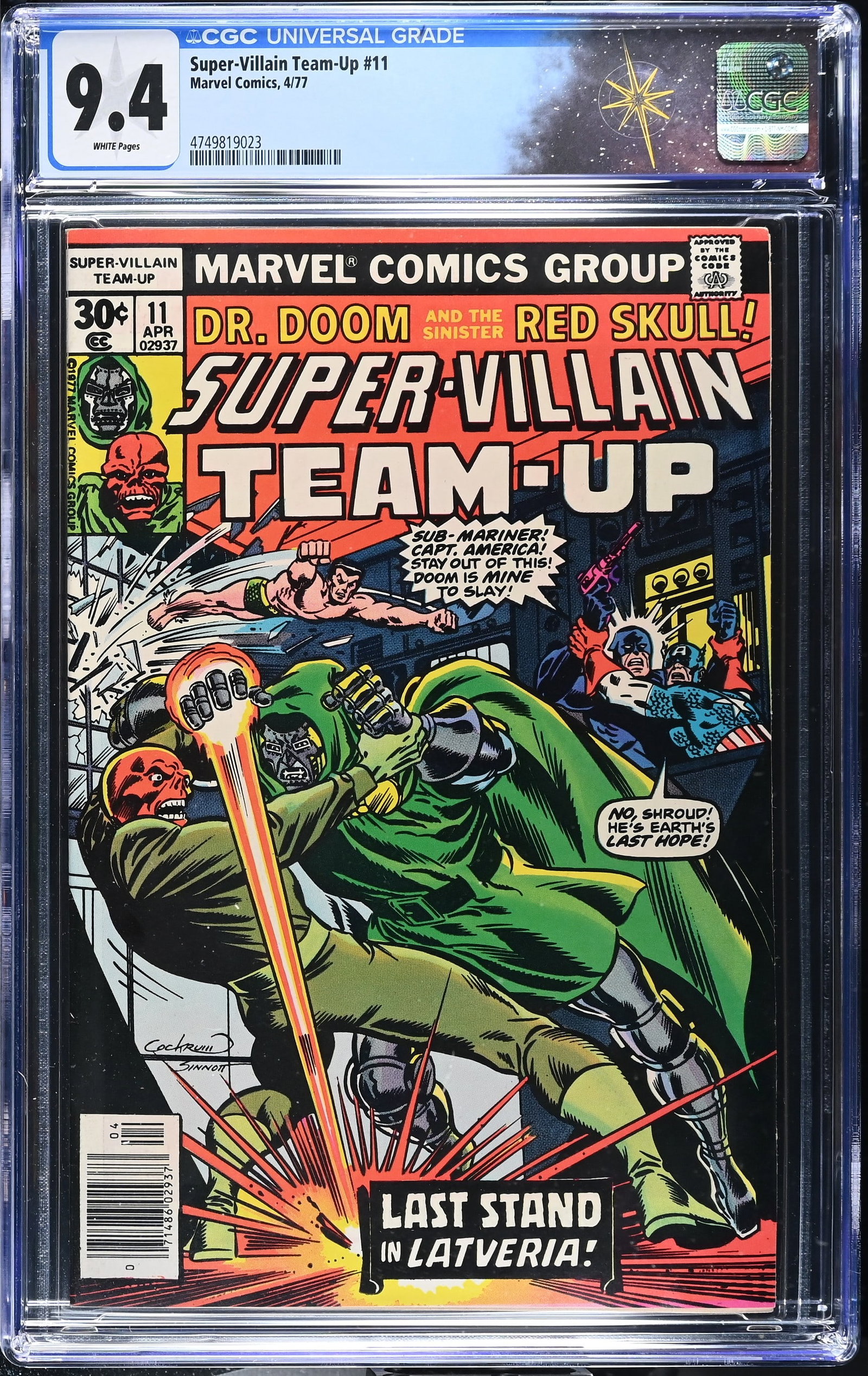 Super-Villain Team-Up #11 CGC 9.4 "My Ally, My Enemy!" (Marvel Comics, 1977) White Pages: Super-Villain Team-Up #11 CGC 9.4 "My Ally, My Enemy!" (Marvel Comics, 1977).Cover by Dave Cockrum and Joe Sinnott. "My Ally, My Enemy!" Part 2 of 3. Story by Bill Mantlo. Art by Bob Hall and Don Perl