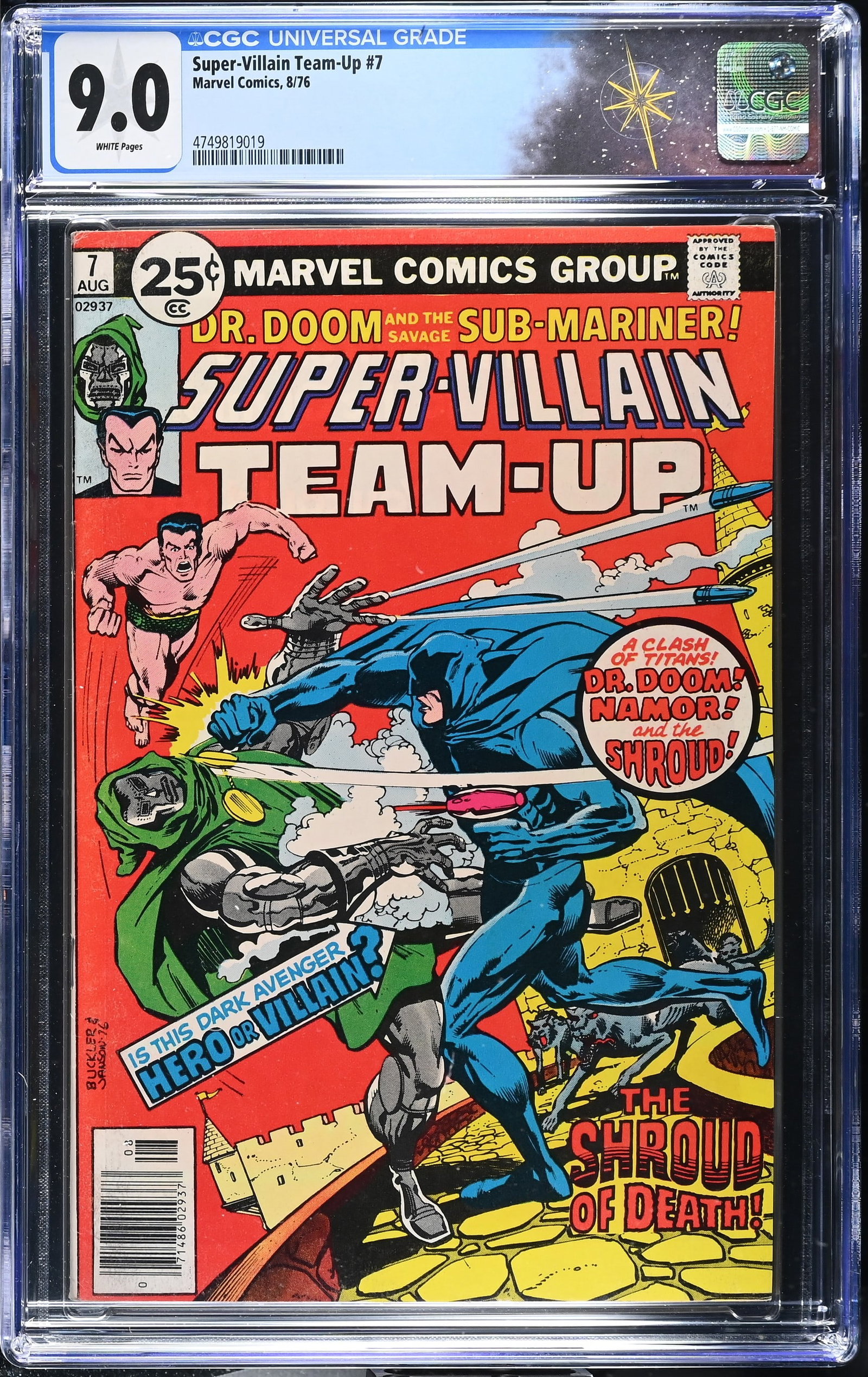 Super-Villain Team-Up #7 CGC 9.0 Origin of the Shroud "Who is the Shroud?" (Marvel Comics, 1976): Super-Villain Team-Up #7 CGC 9.0 "Who is the Shroud?" (Marvel Comics, 1976).Cover by Rich Buckler and Klaus Janson. Origin of the Shroud in "Who is the Shroud?", guest-starring the Shroud. Story by St