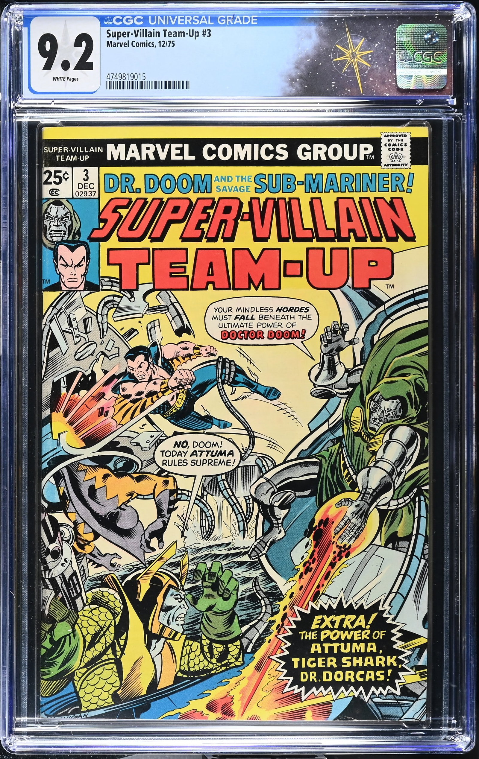 Super-Villain Team-Up #3 CGC 9.2 "Death" of Doctor Dorcas (Marvel Comics, 1975) White Pages: Super-Villain Team-Up #3 CGC 9.2 "Death" of Doctor Dorcas (Marvel Comics, 1975).Cover by Ed Hannigan and Joe Sinnott. "If Vengeance Fails!" Part 3 of 3. Story by Jim Shooter, pencils by George Evans a