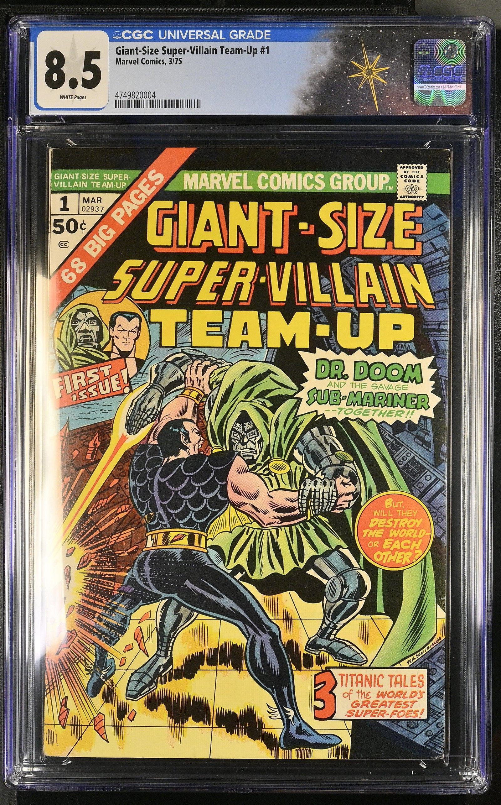 Giant-Size Super-Villain Team-Up #1 CGC 8.5 "Encounter at Land's End!" (Marvel Comics, 1975) White: Giant-Size Super-Villain Team-Up #1 CGC 8.5 "Encounter at Land's End!" (Marvel Comics, 1975).Cover by Ron Wilson and Frank Giacoia. 64 Giant-Size. "Encounter at Land's End!". Story by Roy Thomas, penc