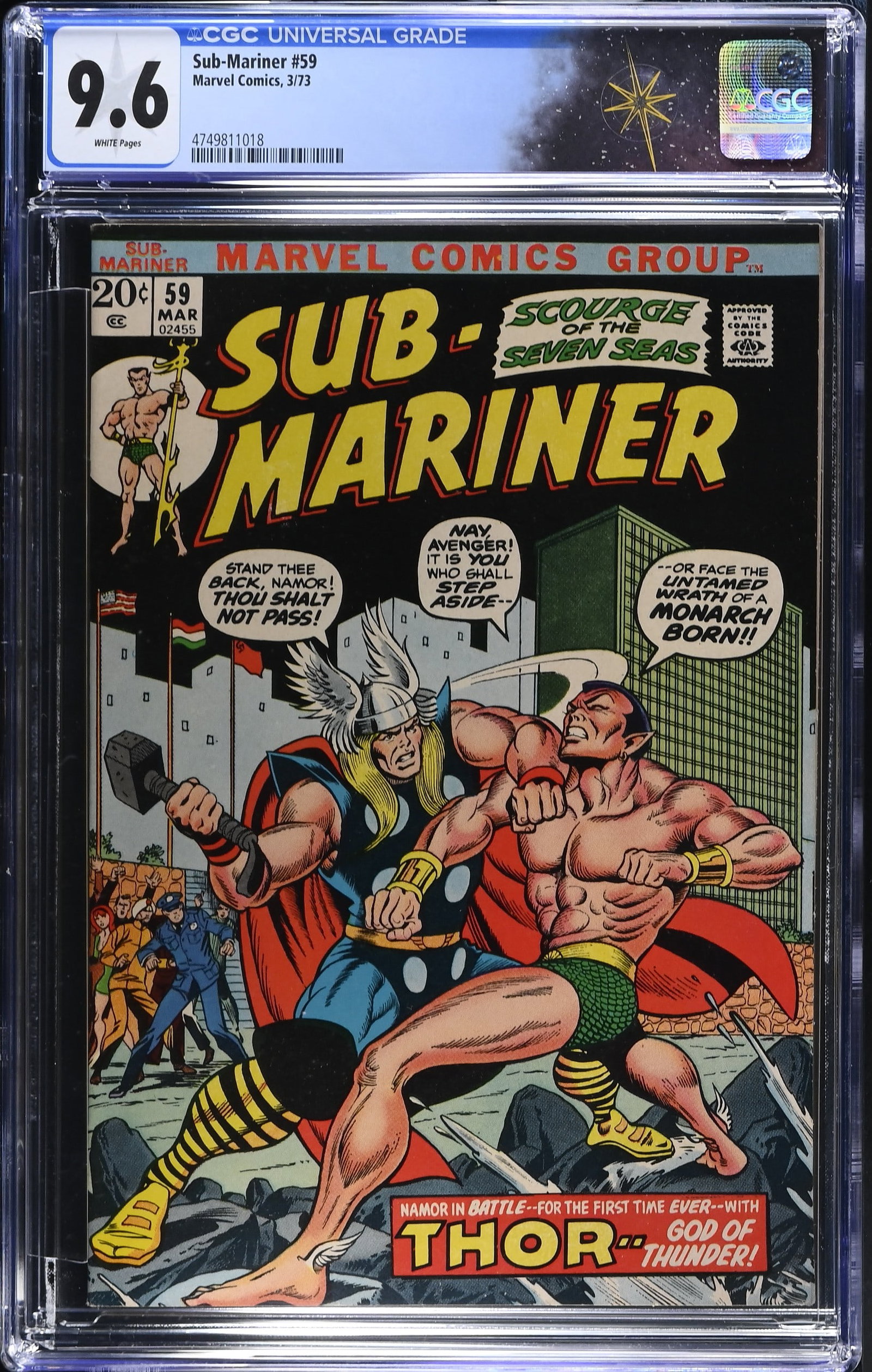 Sub-Mariner #59 CGC 9.6 Sub-Mariner vs. Thor (Marvel Comics, 1973) White Pages: Sub-Mariner #59 CGC 9.6 Sub-Mariner vs. Thor (Marvel Comics, 1973).Cover inks by Bill Everett and Marie Severin. Sub-Mariner vs. Thor in "Thunder Over the Seas". Story by Bill Everett and Steve Gerber