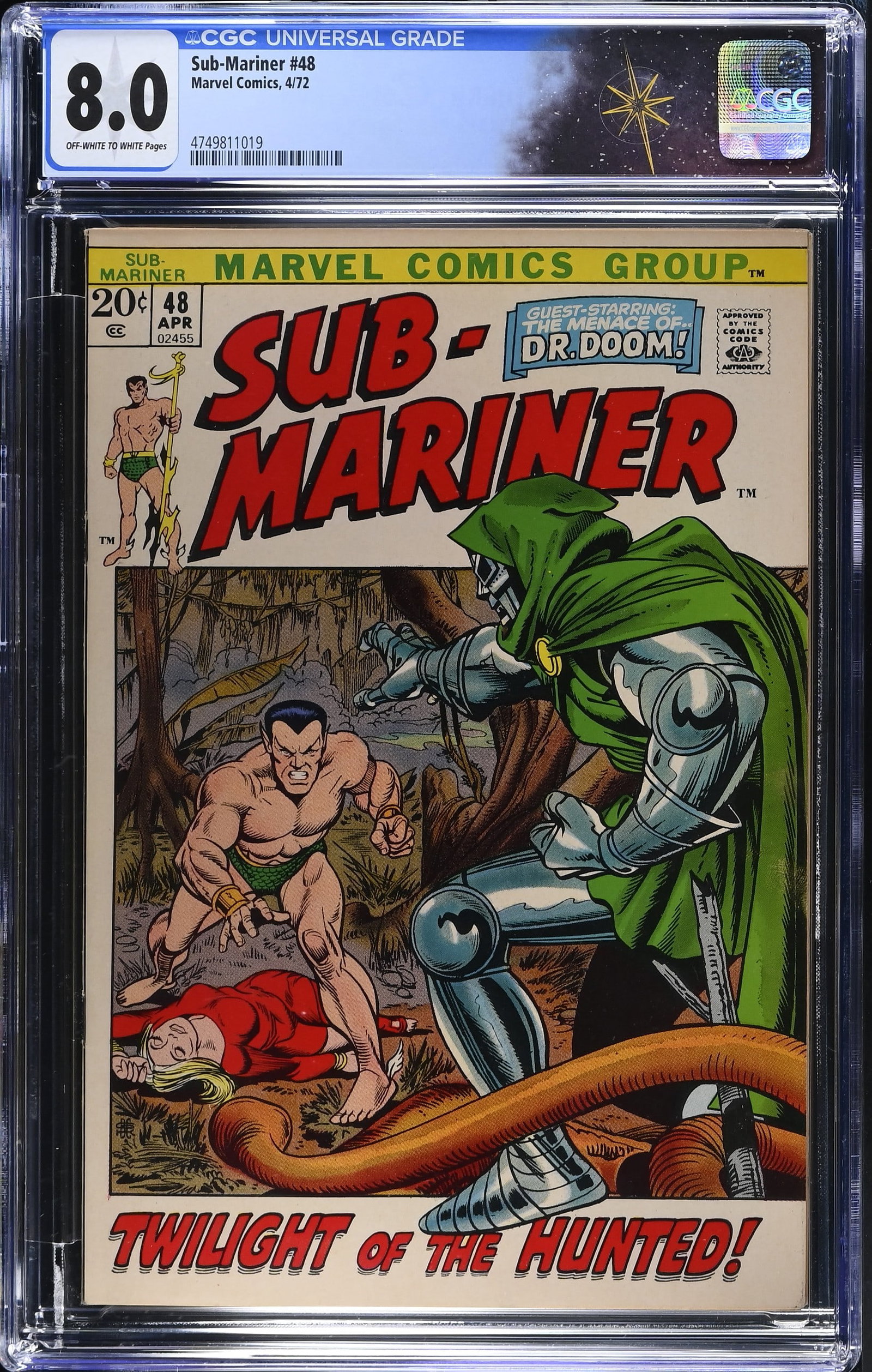Sub-Mariner #48 CGC 8.0 "Twilight of the Hunted" (Marvel Comics, 1972) Off-White to White Pages: Sub-Mariner #48 CGC 8.0 "Twilight of the Hunted" (Marvel Comics, 1972).Cover pencils by Gil Kane, and inks by Bill Everett. "Twilight of the Hunted". Story by Gerry Conway, pencils by Gene Colan, and 