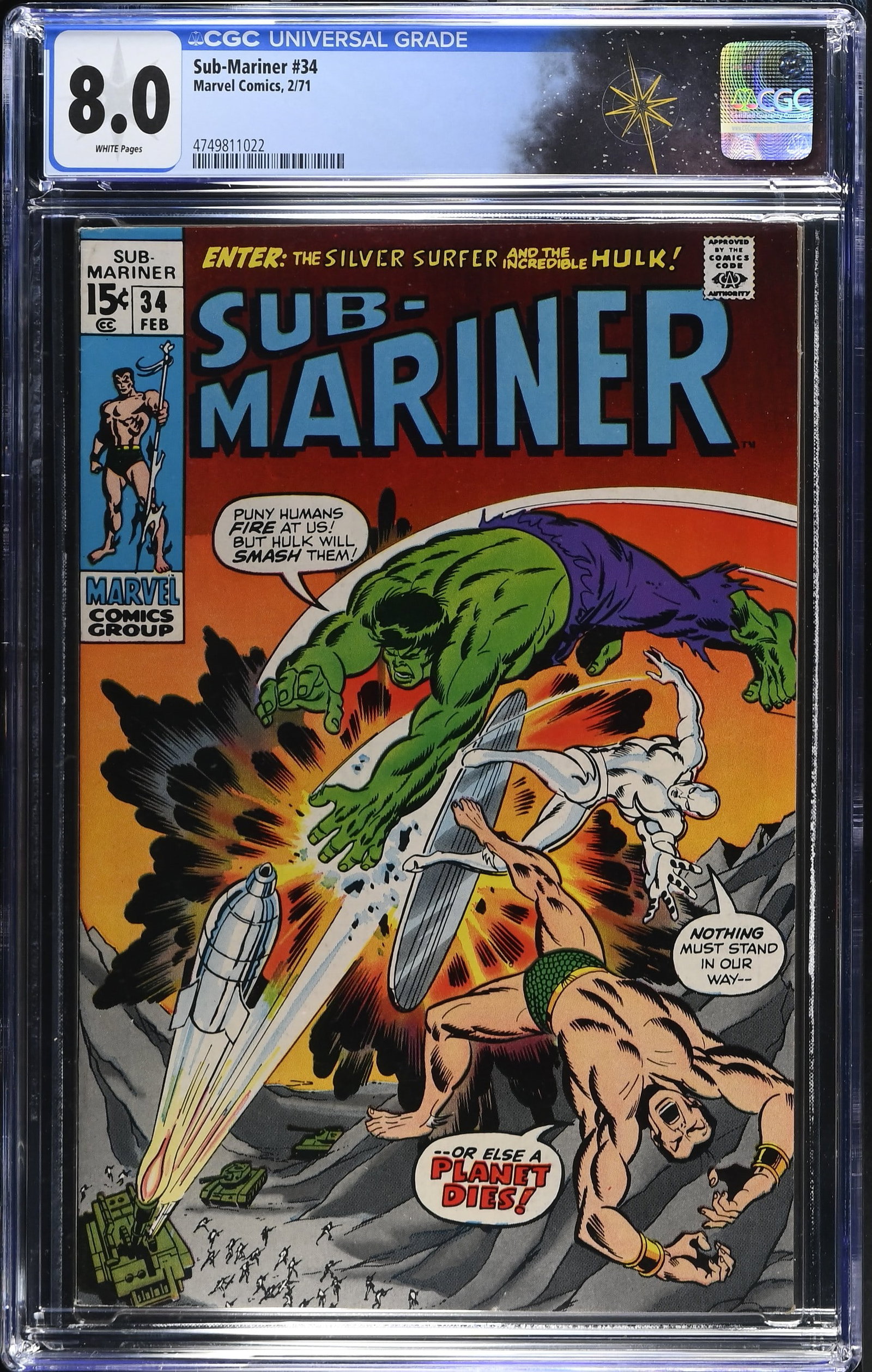 Sub-Mariner #34 CGC 8.0 1st Appearance of Titans Three (Marvel Comics, 1971) White Pages: Sub-Mariner #34 CGC 8.0 1st Appearance of Titans Three (Marvel Comics, 1971).Cover by Sal Buscema and Morrie Kuramoto. 1st Appearance of Titans Three "Titans Three!" Part 1 of 2. The Titans Three are 