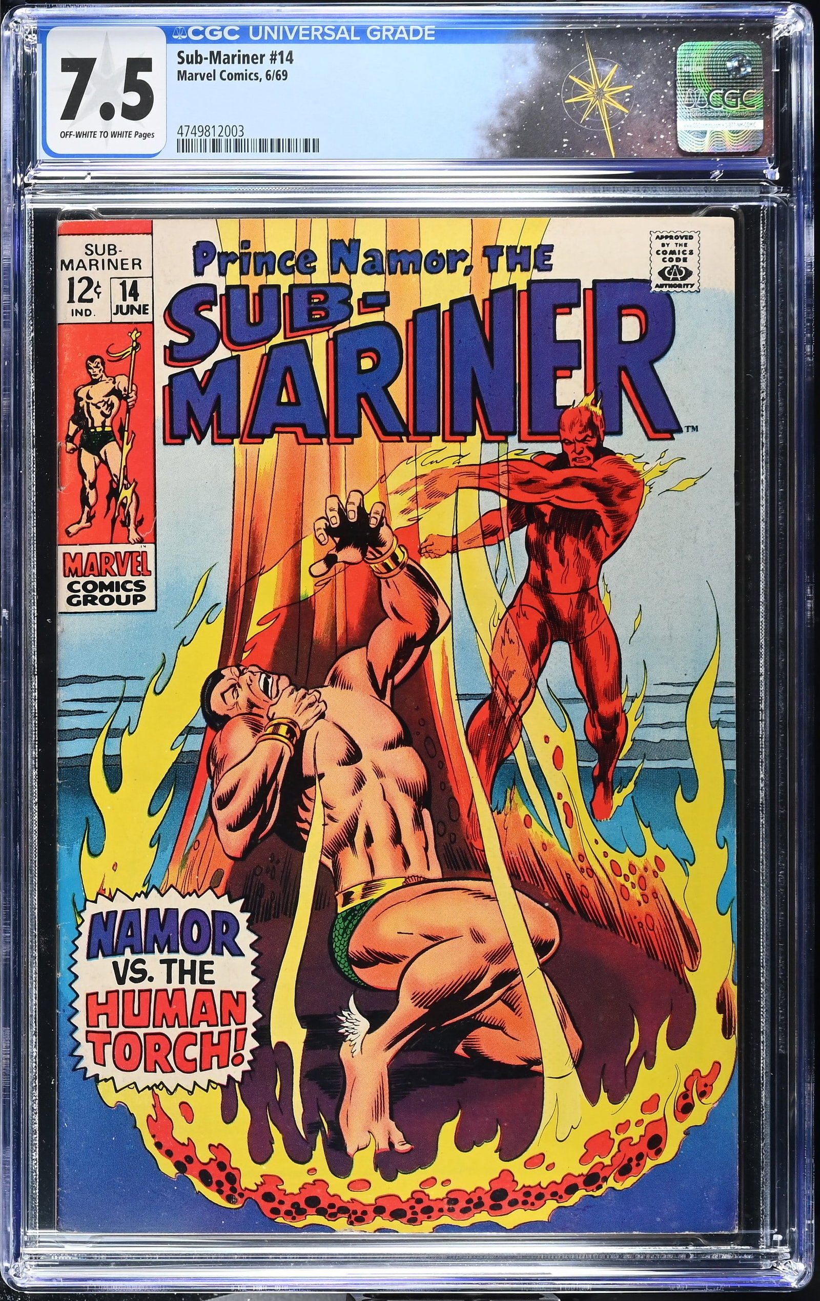 Sub-Mariner #14 CGC 7.5 1st Silver Age Appearance and Death of Toro (Marvel Comics, 1969) Off-White: Sub-Mariner #14 CGC 7.5 1st Silver Age Appearance and Death of Toro (Marvel Comics, 1969).Cover by Marie Severin, Frank Giacoia and Sam Rosen. 1st Silver Age appearance of Toro and Sub-Mariner vs. the