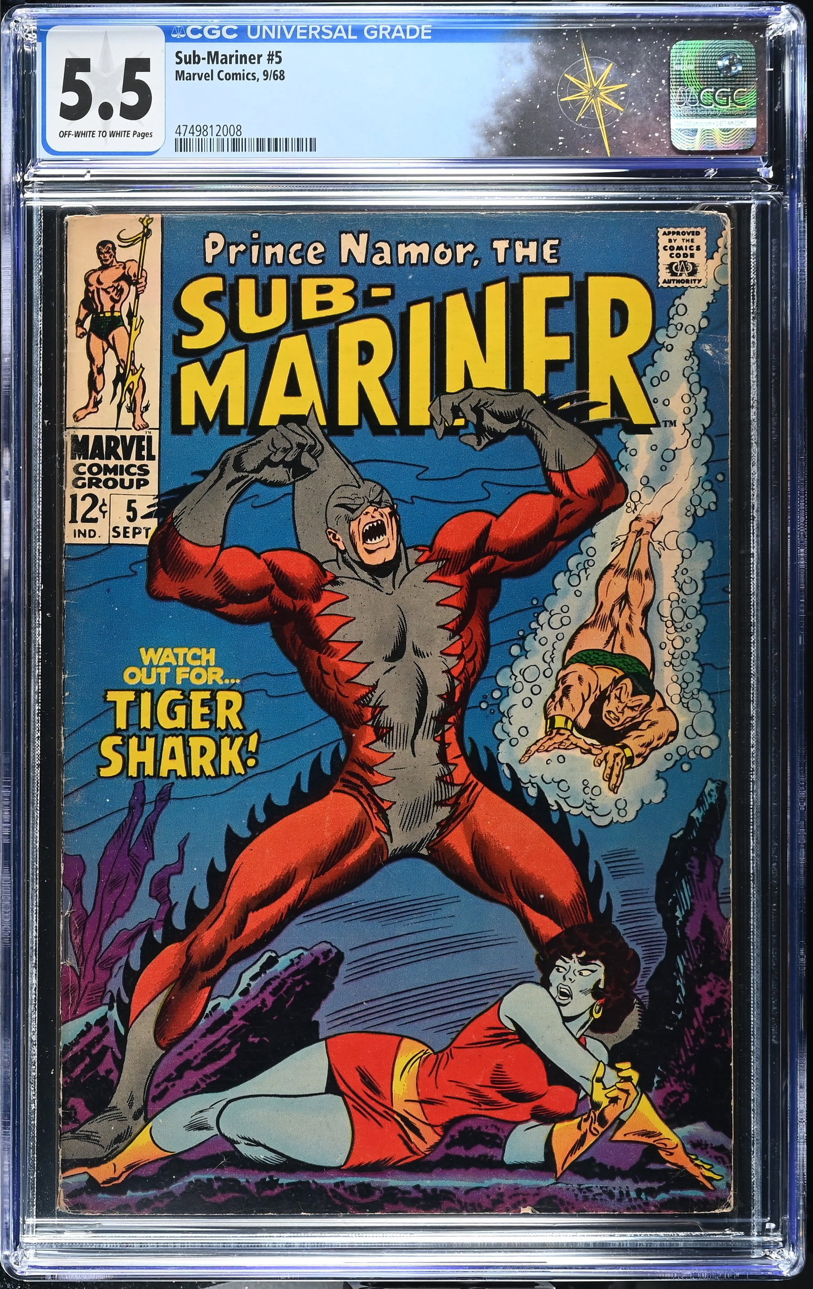 Sub-Mariner #5 CGC 5.5 1st Appearance and Origin of Tiger Shark (Todd Arliss) (Marvel Comics, 1968): Sub-Mariner #5 CGC 5.5 1st Appearance and Origin of Tiger Shark (Todd Arliss) (Marvel Comics, 1968).Cover by John Buscema, Frank Giacoia and Sam Rosen. 1st appearance of Tiger Shark in "Watch Out for 