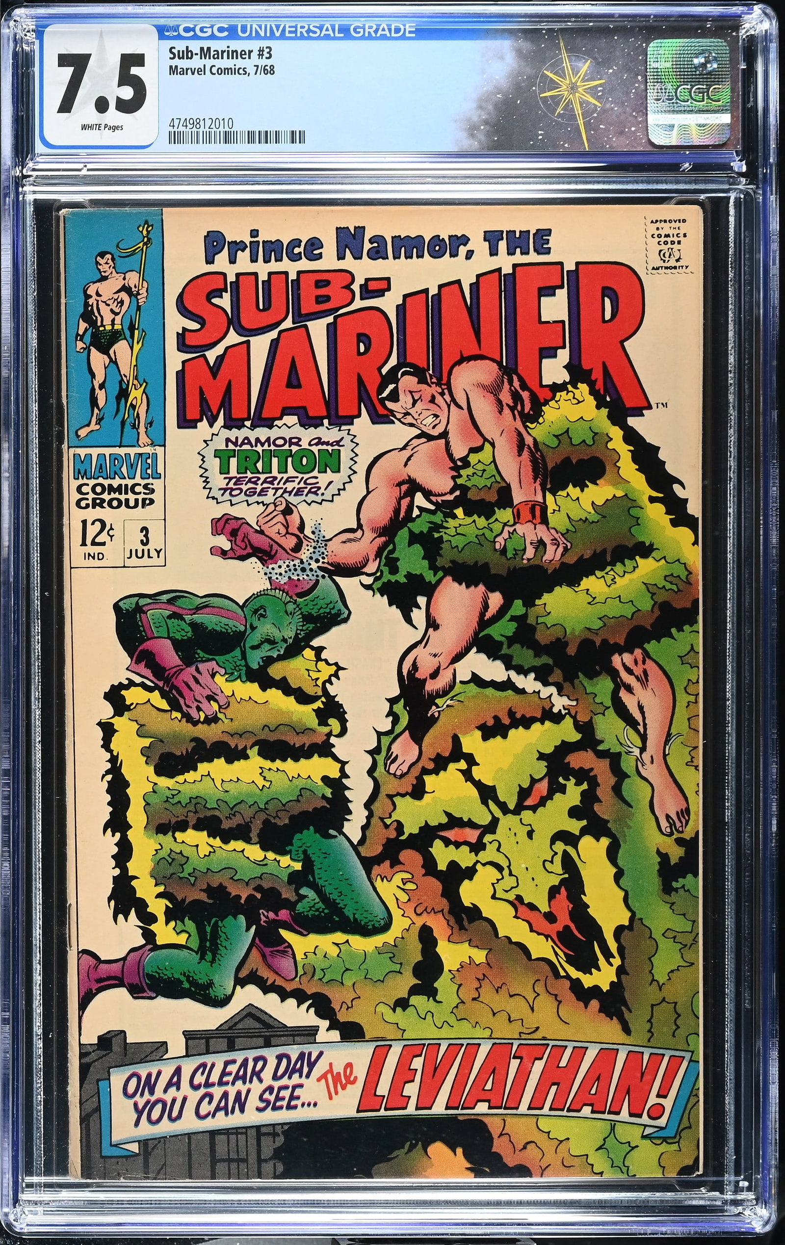Sub-Mariner #3 CGC 7.5 Triton and Plantman Appearance (Marvel Comics, 1968) White Pages: Sub-Mariner #3 CGC 7.5 Triton and Plantman appearance (Marvel Comics, 1968).Cover by John Buscema, Frank Giacoia and Sam Rosen. "On a Clear Day You Can See the Leviathan!" Guest-starring Triton. Story