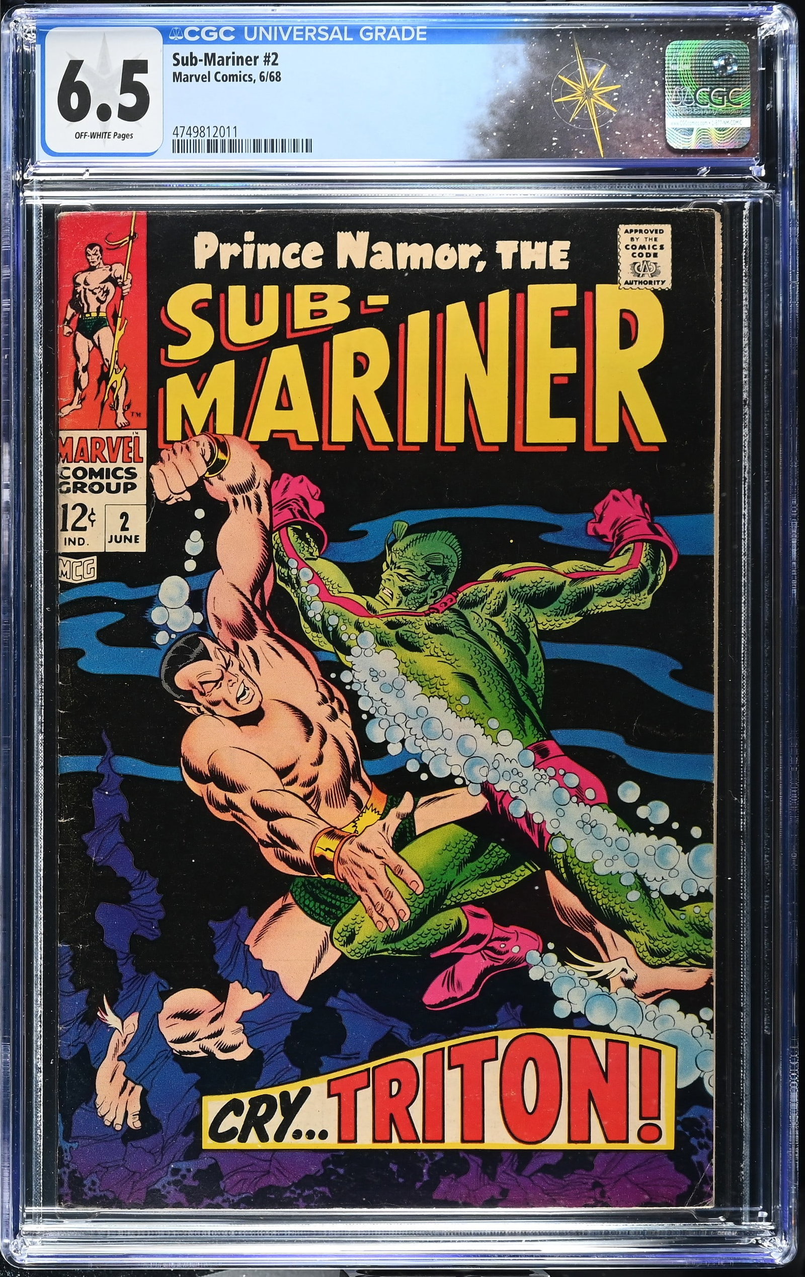Sub-Mariner #2 CGC 6.5 Triton vs. Sub-Mariner (Marvel Comics, 1968) Off-White Pages: Sub-Mariner #2 CGC 6.5 Triton vs. Sub-Mariner (Marvel Comics, 1968).Cover by John Buscema, Frank Giacoia and Sam Rosen. "Cry...Triton!" guest-starring Triton. Story by Roy Thomas, art by John Buscema 