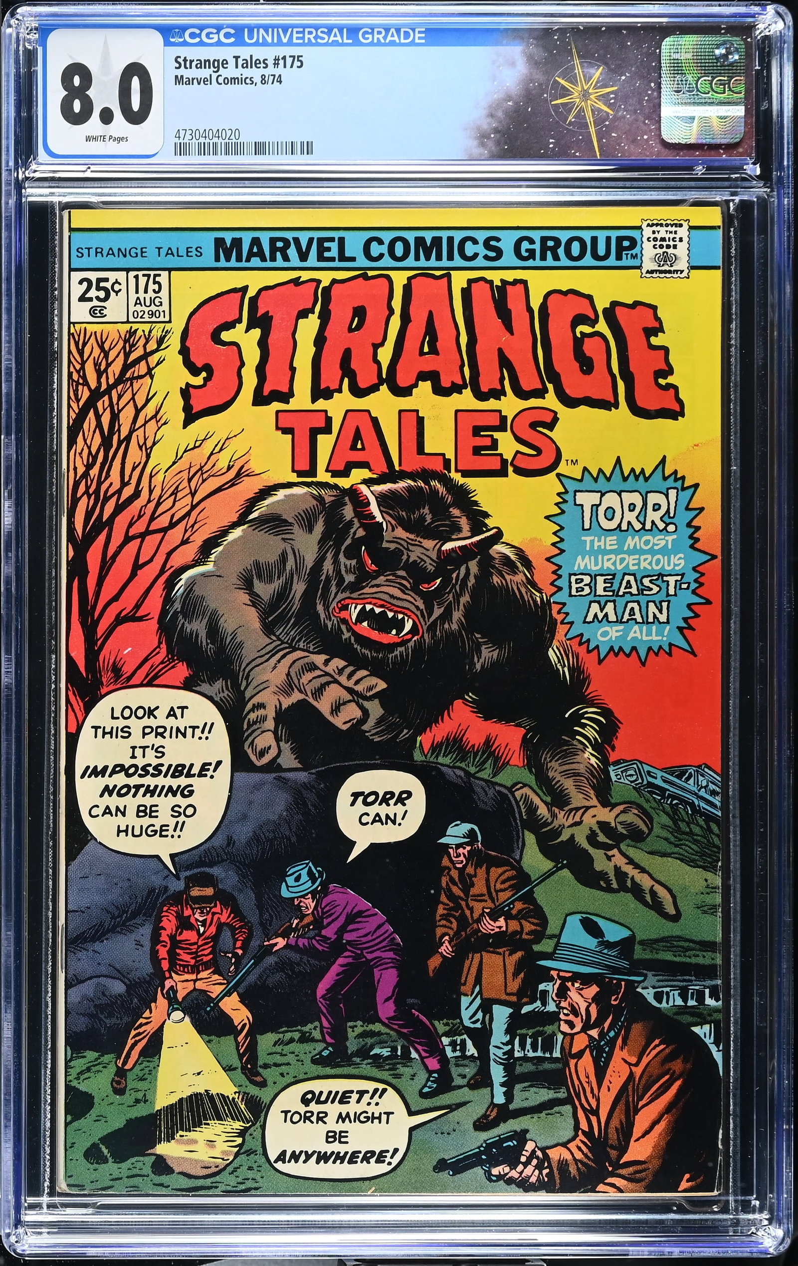 Strange Tales #175 CGC 8.0 Reprints from Amazing Adventures #1 (Marvel Comics, 1974) White Pages: Strange Tales #175 CGC 8.0 Reprints from Amazing Adventures #1 (Marvel Comics, 1974).Cover pencils by Jack Kirby and John Romita, with inks by Dick Ayers and John Romita. All reprints from Amazing Adv