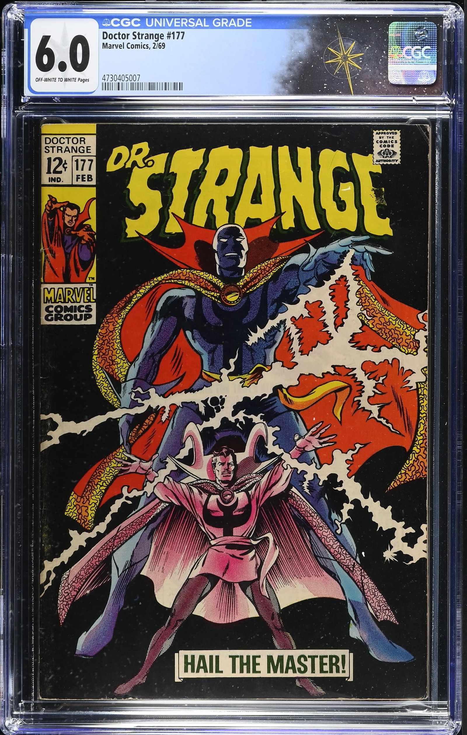 Doctor Strange #177 CGC 6.0 Debut of Doctor Strange's New Costume (Marvel Comics, 1969) Off-White to: Doctor Strange #177 CGC 6.0 Debut of Doctor Strange's New Costume (Marvel Comics, 1969).Cover pencils by Gene Colan and inks by Tom Palmer. Dr. Strange gets a new costume that fans didn't care for in 