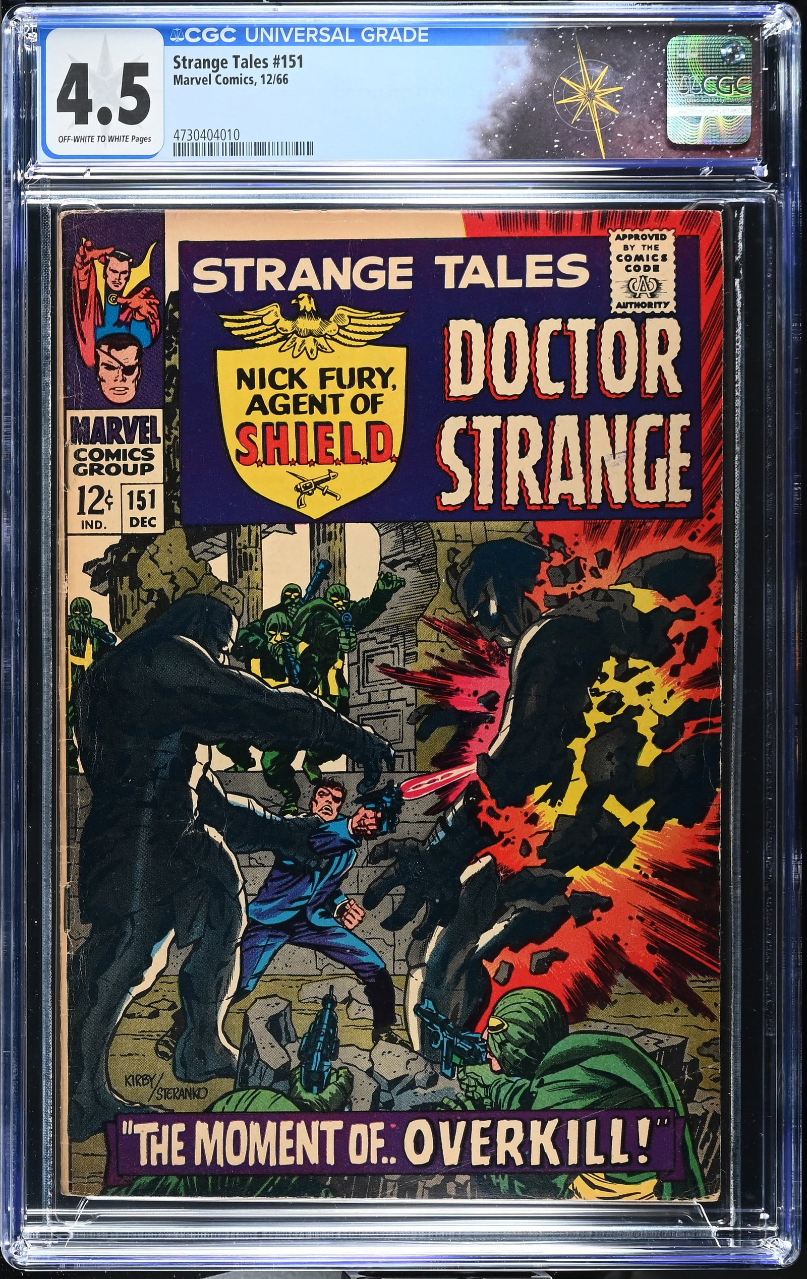 Strange Tales #151 CGC 4.5 1st Published Artwork by Jim Steranko For Marvel (Marvel Comics, 1966): Strange Tales #151 CGC 4.5 1st Published Artwork by Jim Steranko For Marvel (Marvel Comics, 1966).Cover pencils by Jack Kirby and inks by Jim Steranko. Nick Fury stars in "Overkill!". Story by Stan Le