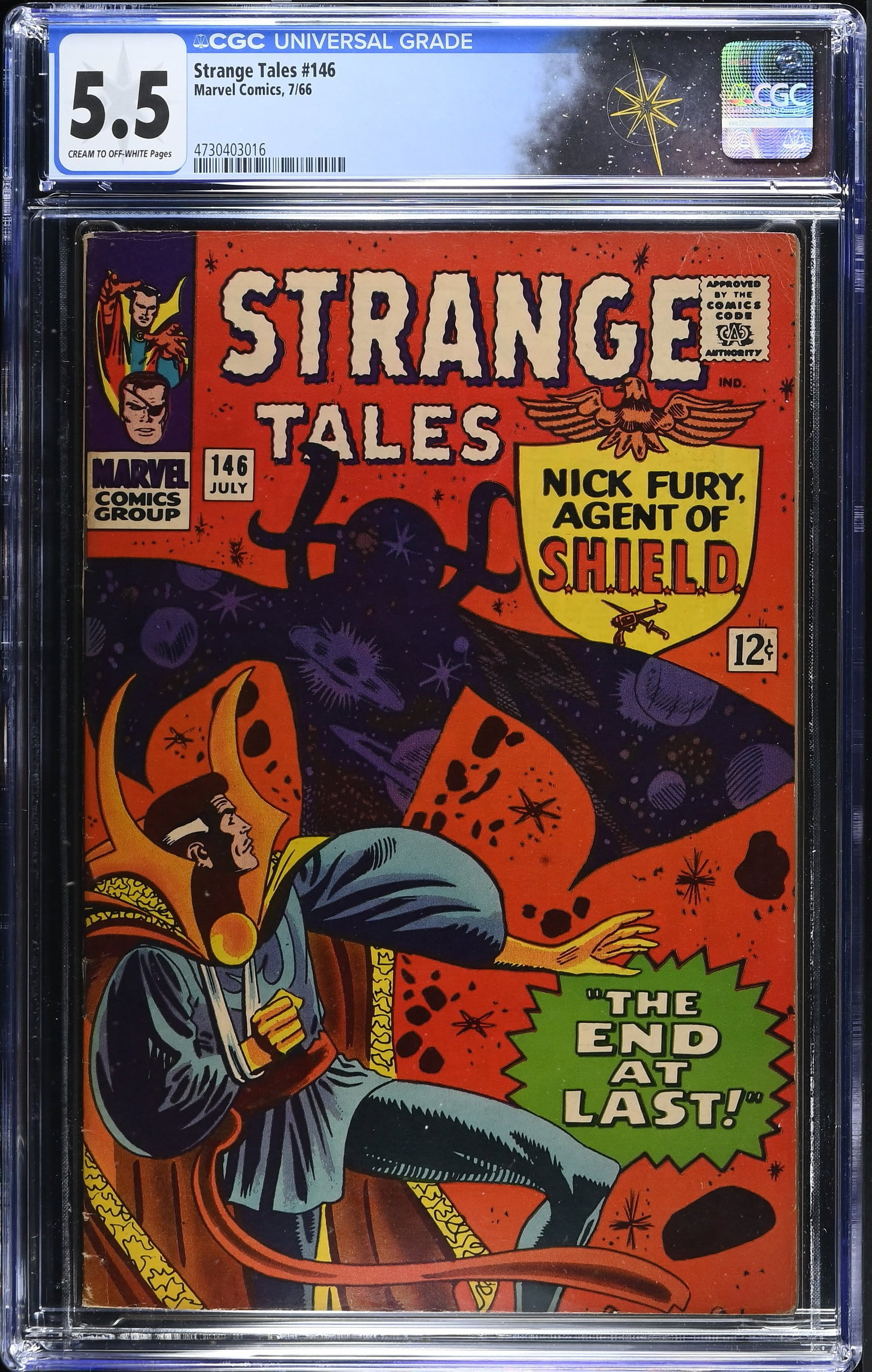 Strange Tales #146 CGC 5.5 1st Appearance of A.I.M. & 1st Cover of Eternity (Marvel Comics, 1966): Strange Tales #146 CGC 5.5 1st Appearance of A.I.M. & 1st Cover of Eternity (Marvel Comics, 1966).Cover art by Steve Ditko. 1st team appearance of A.I.M (THEM in this issue) in "When the Unliving Stri