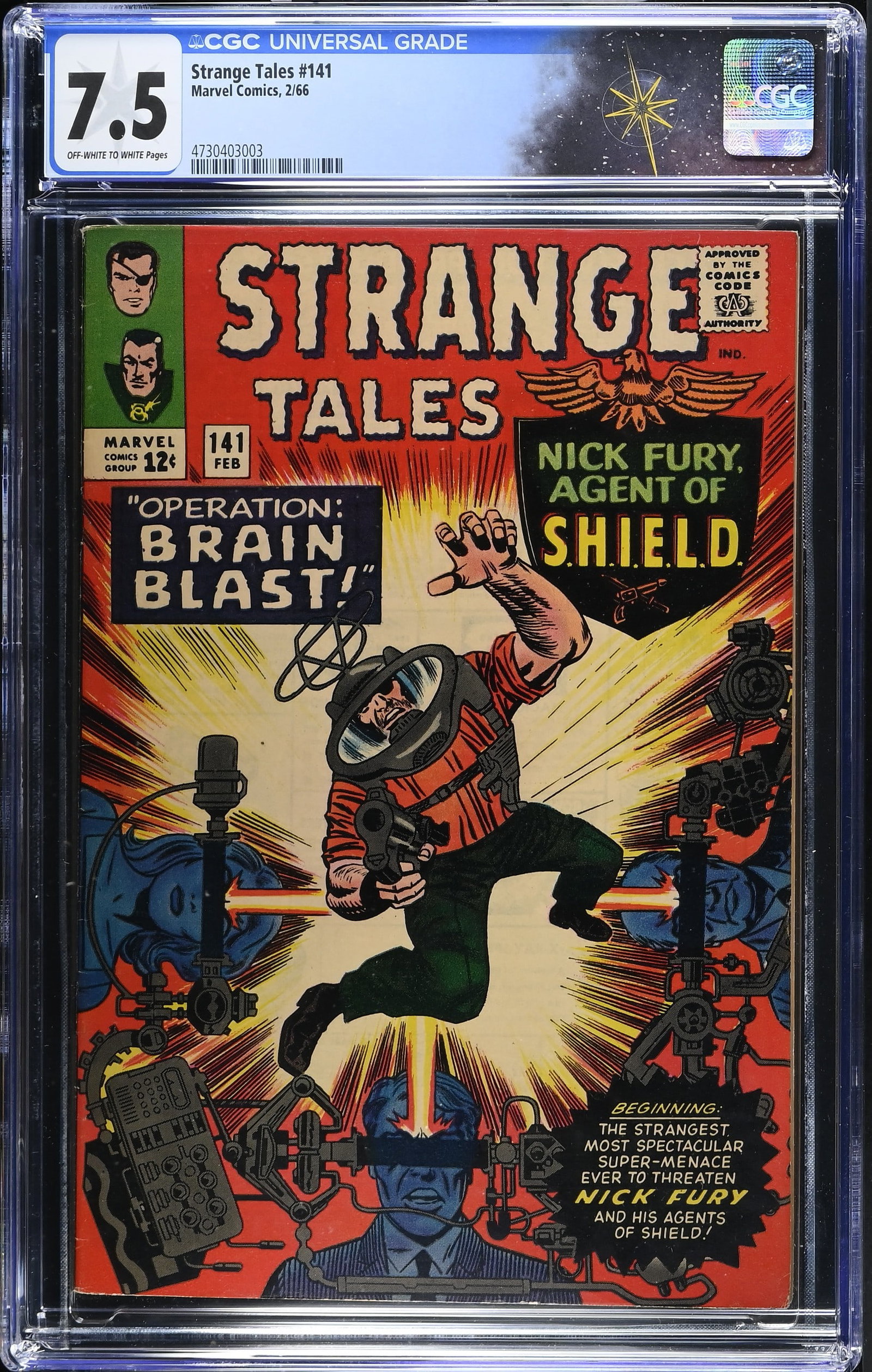Strange Tales #141 CGC 7.5 1st Appearance of Mentallo (Marvin Flumm) & Fixer (Marvel Comics, 1966): Strange Tales #141 CGC 7.5 1st Appearance of Mentallo (Marvin Flumm) & Fixer (Marvel Comics, 1966).Cover pencils by Jack Kirby, inks by Frank Giacoia. 1st appearance of Mentallo and Fixer in "Operatio
