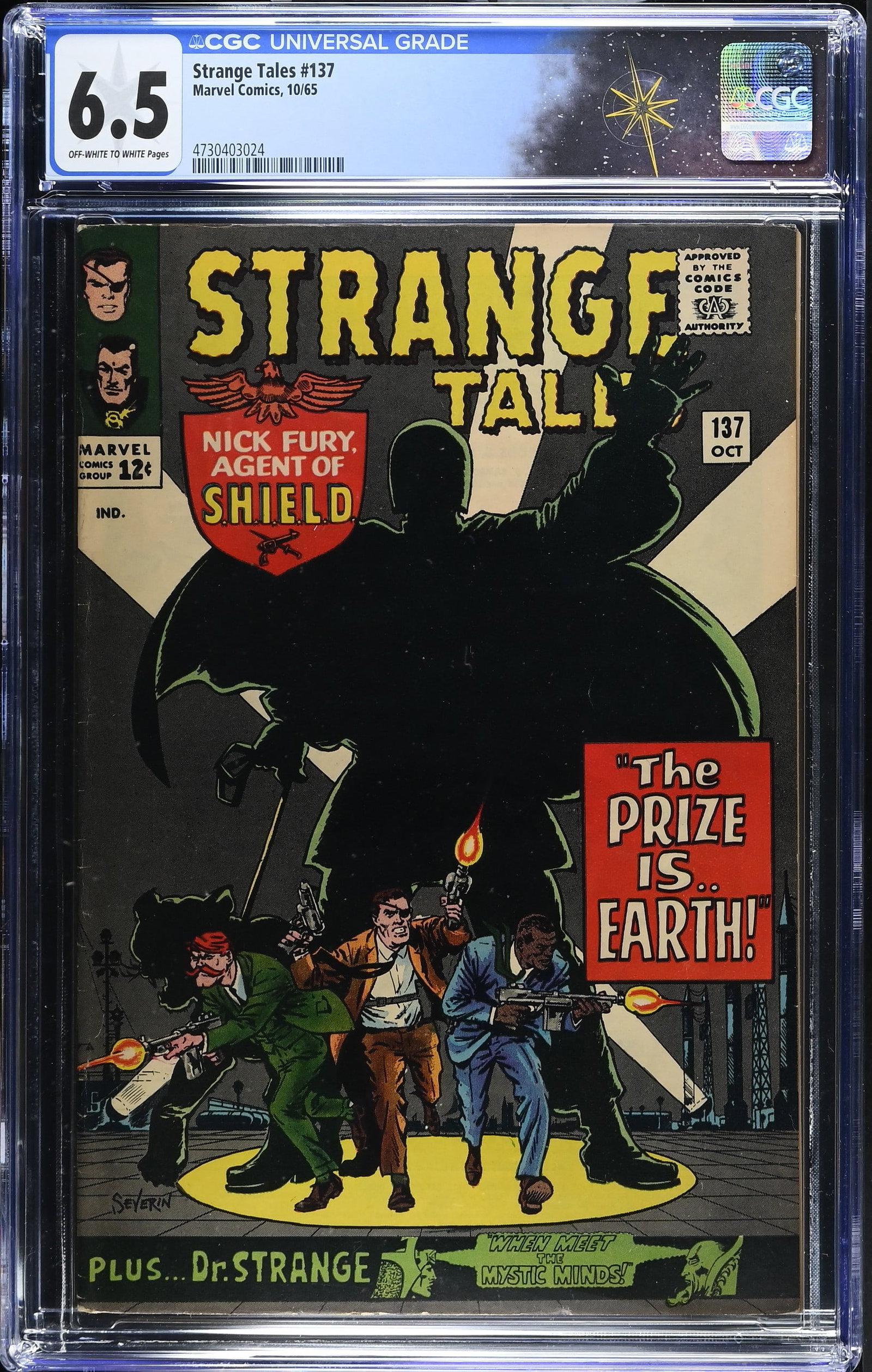 Strange Tales #137 CGC 6.5 "The Prize Is... Earth!" (Marvel Comics, 1965) Off-White to White Pages: Strange Tales #137 CGC 6.5 "The Prize Is... Earth!" "When Meet the Mystic Minds!" (Marvel Comics, 1965).Cover art by John Severin and Steve Ditko. "The Prize Is... Earth!". Story by Stan Lee and Jack 
