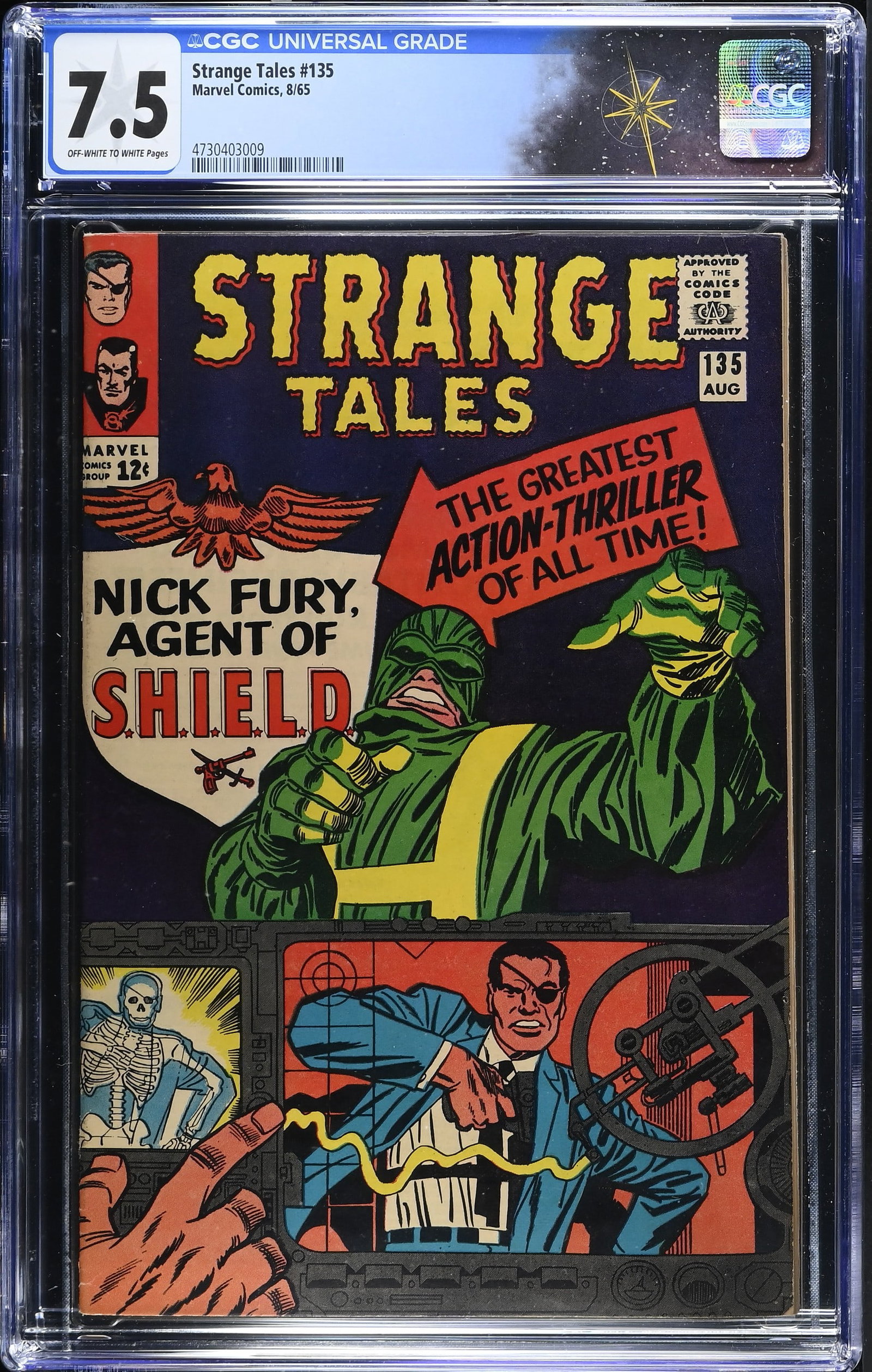 Strange Tales #135 CGC 7.5 1st Team Appearance of S.H.I.E.L.D & Hydra (Marvel Comics, 1965): Strange Tales #135 CGC 7.5 1st Team Appearance of S.H.I.E.L.D & Hydra (Marvel Comics, 1965).Cover pencils by Jack Kirby and inks by Frank Giacoia. Nick Fury becomes an Agent of S.HI.E.L.D., 1st team a