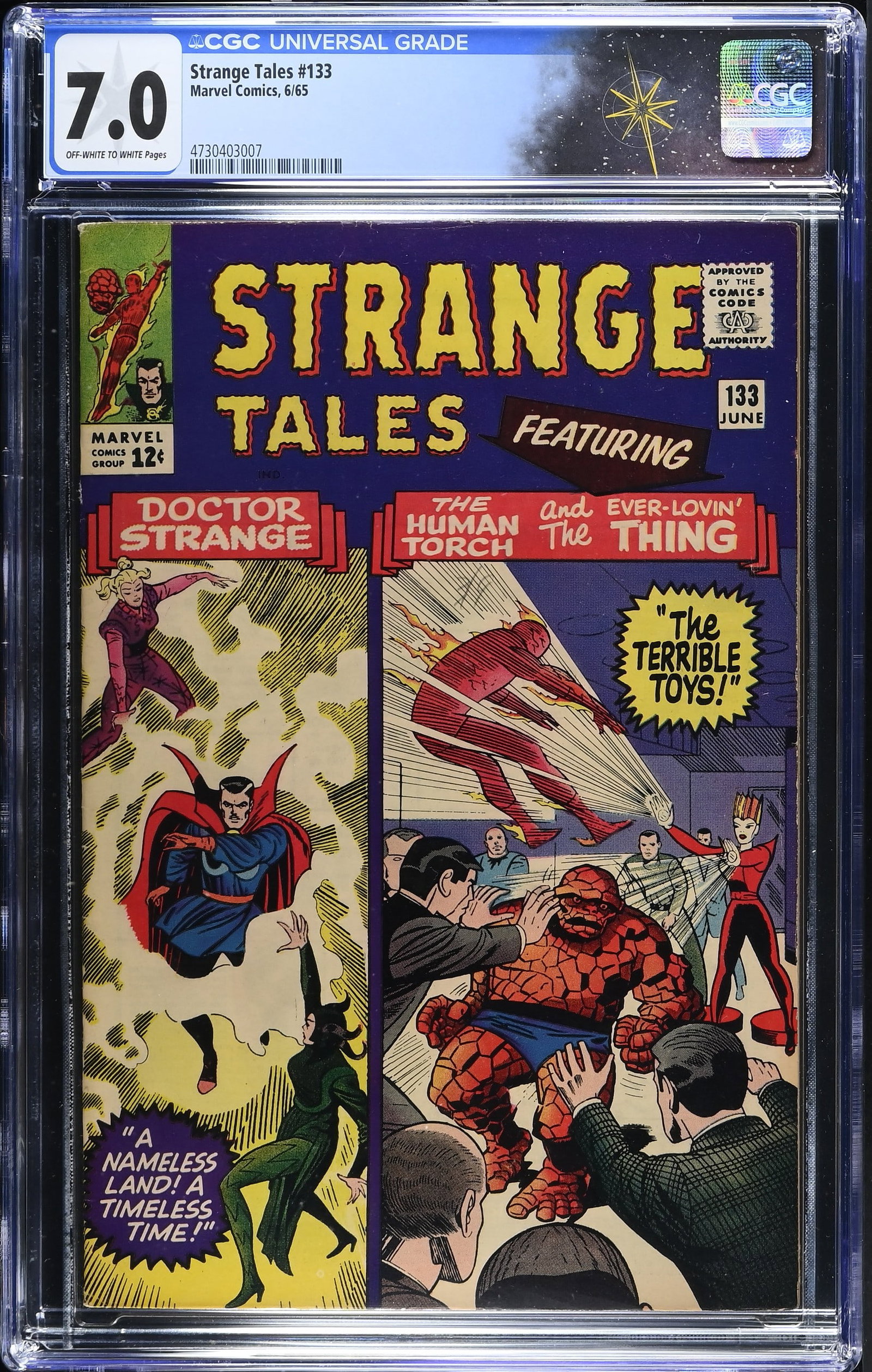 Strange Tales #133 CGC 7.0 "The Terrible Toys!" Puppet Master Appearance (Marvel Comics, 1965): Strange Tales #133 CGC 7.0 Puppet Master appearance (Marvel Comics, 1965).Cover pencils by Jack Kirby and inks by Mike Esposito. The Human Torch and the Thing star in "The Terrible Toys!". Story by St