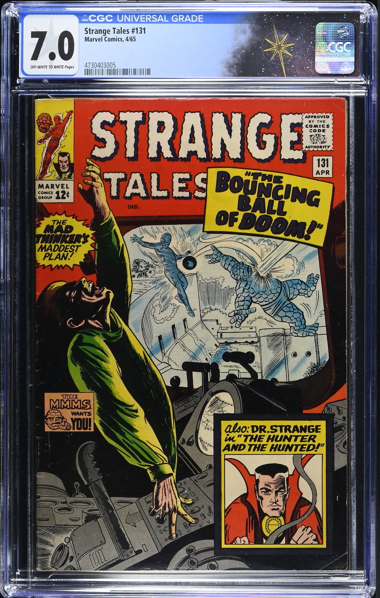 Strange Tales #131 CGC 7.0 "The Hunter and the Hunted!" Dormammu Appearance (Marvel Comics, 1965): Strange Tales #131 CGC 7.0 Mad Thinker, Baron Mordo and Dormammu appearance (Marvel Comics, 1965).Cover pencils by Bob Powell and Steve Ditko, inks by Mike Esposito and Steve Ditko. The Human Torch an
