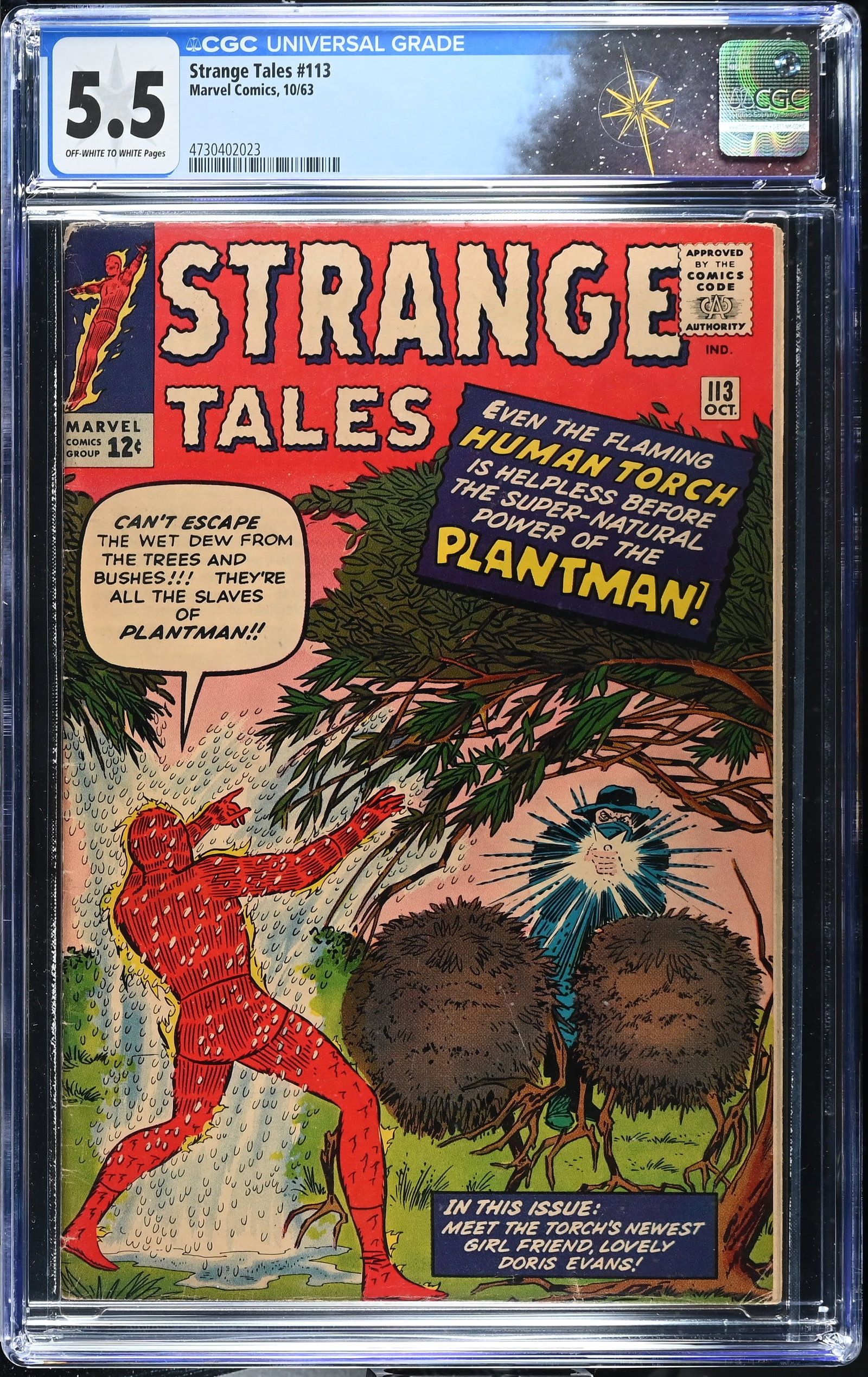 Strange Tales #113 CGC 5.5 1st Appearance and Origin of Plantman (Marvel Comics, 1963) Off-White to: Strange Tales #113 CGC 5.5 1st Appearance ?and Origin of Plantman (Samuel Smithers) (Marvel Comics, 1963).Cover pencils by Jack Kirby, and inks by Don Heck. 1st appearance and origin of Plantman in "T