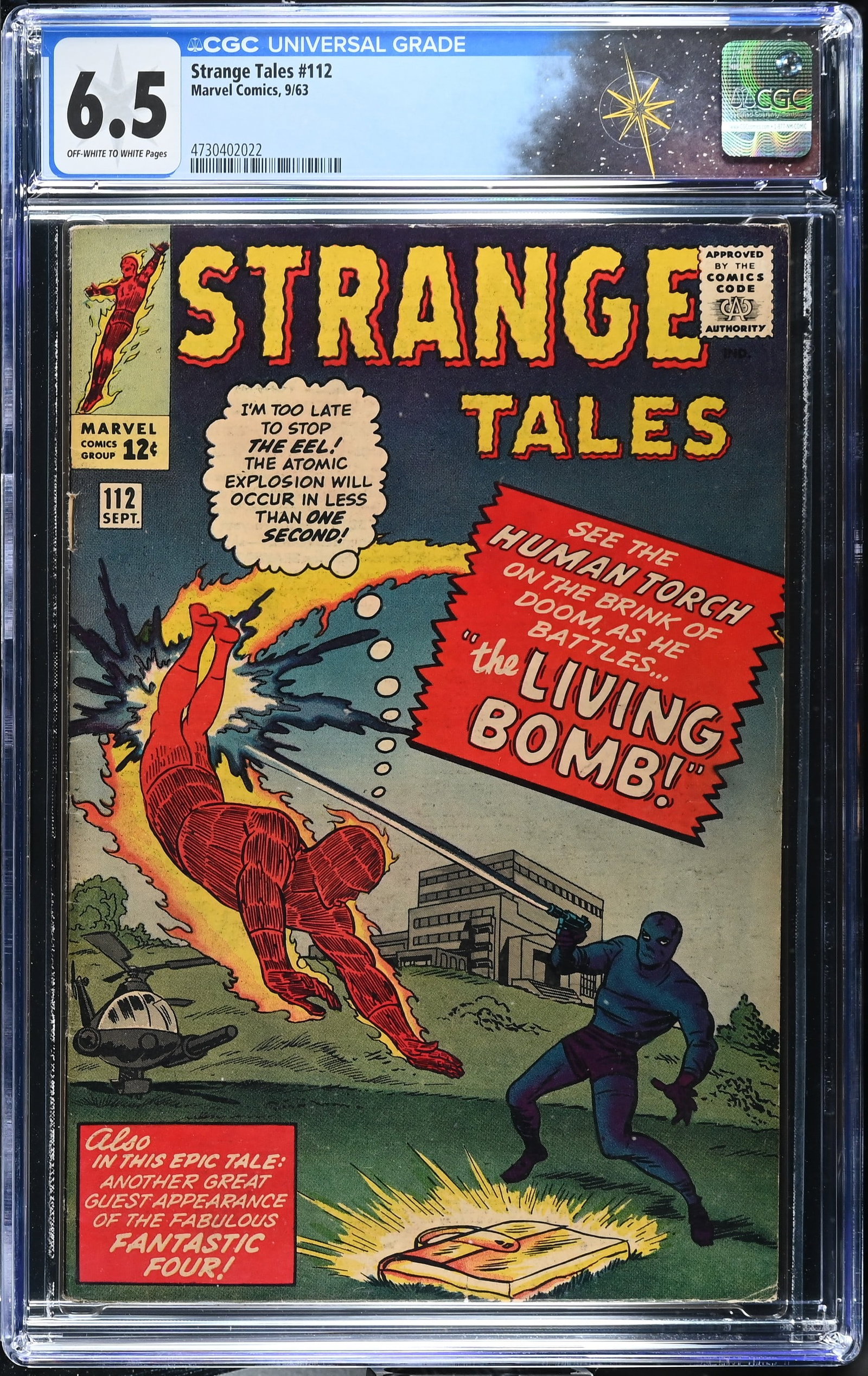 Strange Tales #112 CGC 6.5 1st Appearance of the Eel (Marvel Comics, 1963) Off-White to White Pages: Strange Tales #112 CGC 6.5 1st Appearance of the Eel (Leopold Stryke) (Marvel Comics, 1963).Cover by Jack Kirby and Dick Ayers. 1st appearance of the Eel in "The Living Bomb!". Story by Stan Lee and J