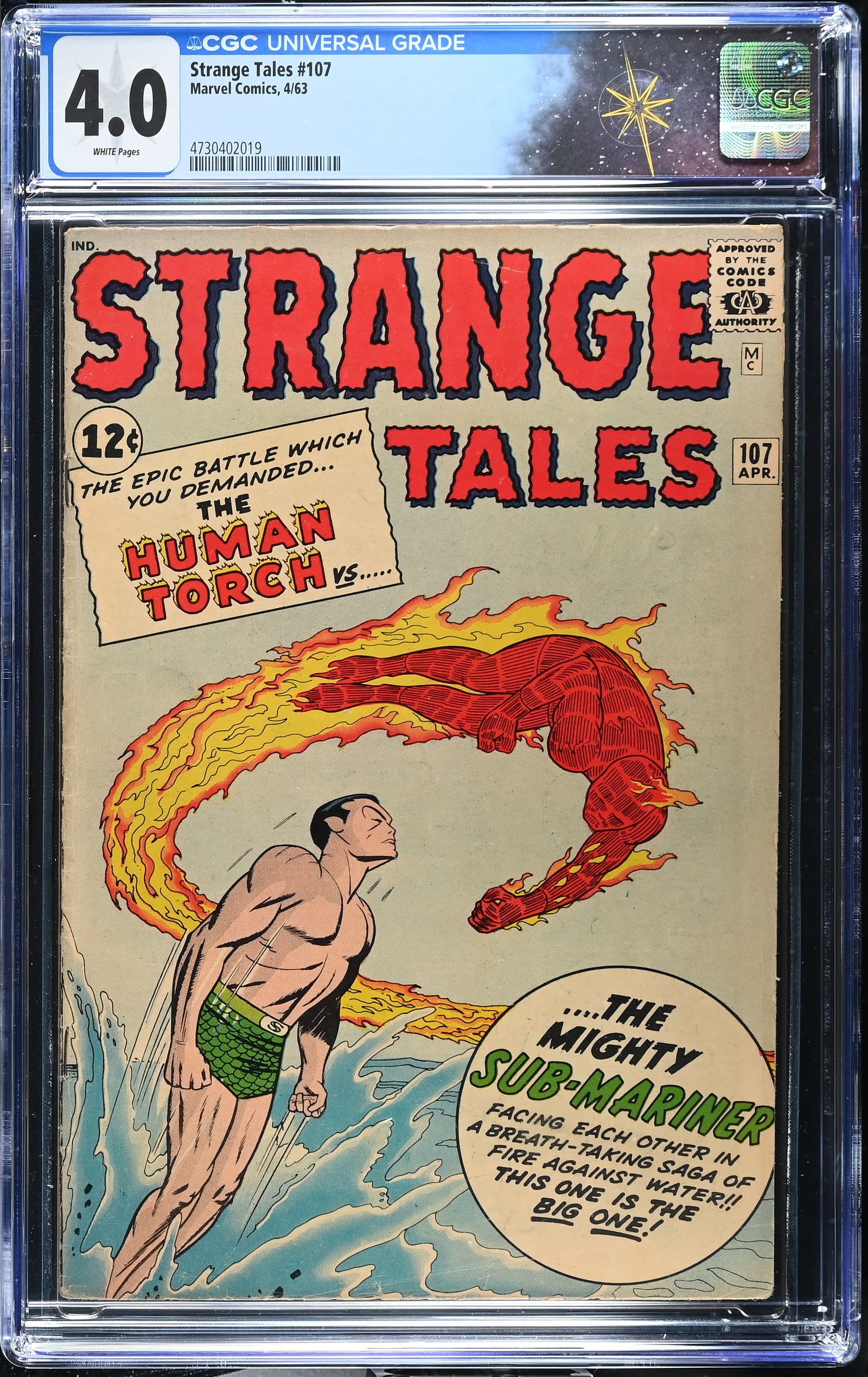 Strange Tales #107 CGC 4.0 Iconic Human Torch vs. Sub-Mariner Cover by Jack Kirby (Marvel Comics,: Strange Tales #107 CGC 4.0 Iconic Human Torch vs. Sub-Mariner Cover by Jack Kirby (Marvel Comics, 1963).Cover pencils by Jack Kirby and inks by Sol Brodsky. The Human Torch and the Sub-Mariner square 