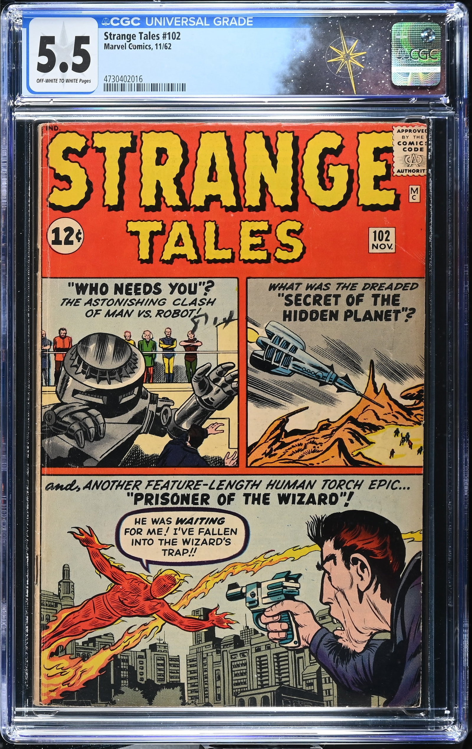 Strange Tales #102 CGC 5.5 1st Appearance & Origin of the Wizard (Marvel Comics, 1962) Off-White to: Strange Tales #102 CGC 5.5 1st Appearance & Origin of the Wizard (Bentley Wittman) (Marvel Comics, 1962).Cover pencils by Jack Kirby and inks by Dick Ayers. 1st appearance and origin of the Wizard in 