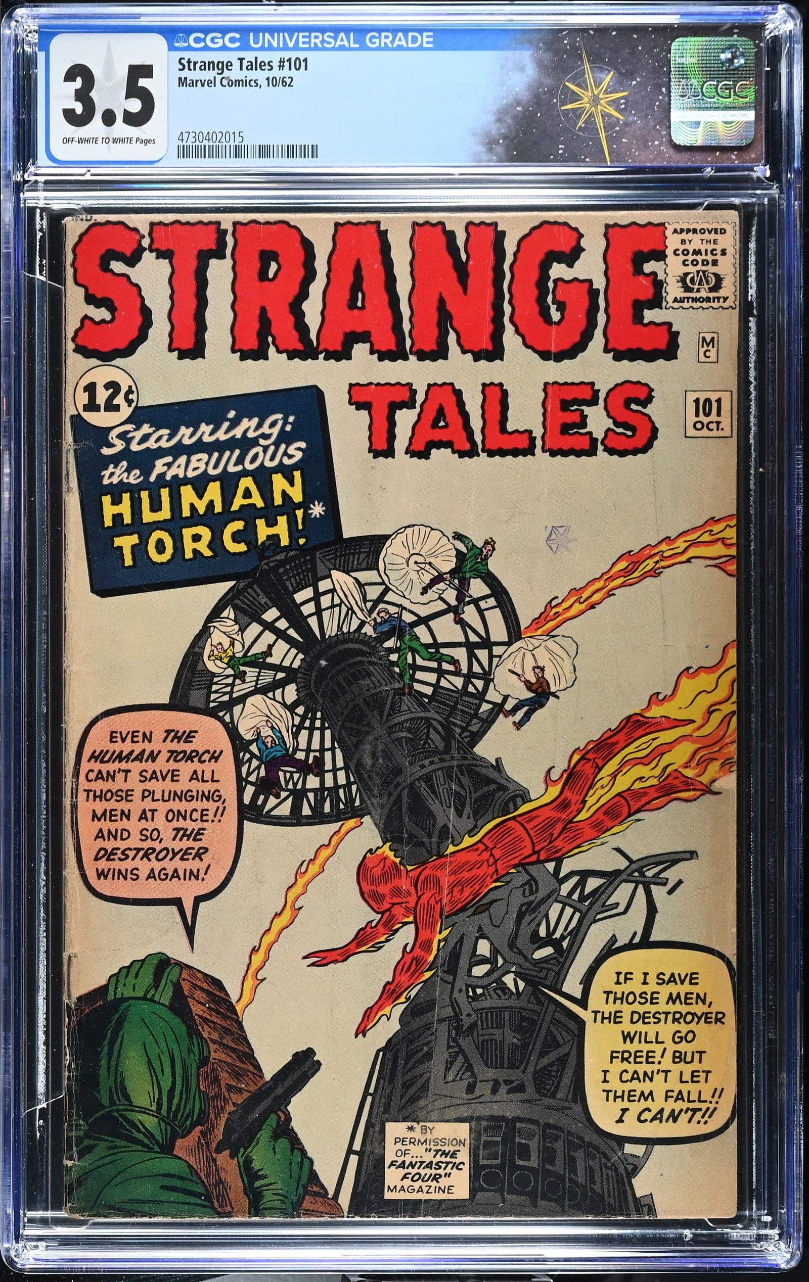 Strange Tales #101 CGC 3.5 Human Torch Solo Series Begins (Marvel Comics, 1962) Off-White to White: Strange Tales #101 CGC 3.5 Human Torch Solo Series Begins & Origin of Fantastic Four Retold (Marvel Comics, 1962).Cover pencils by Jack Kirby and inks by Dick Ayers. Human Torch solo series begins in 