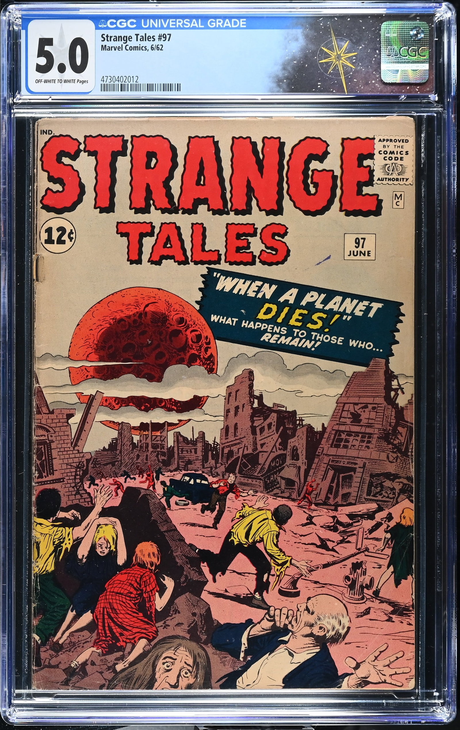 Strange Tales #97 CGC 5.0 "When a Planet Dies!" "Mystery Pupil" "The Madness!" (Marvel Comics, 1962): Strange Tales #97 CGC 5.0 "When a Planet Dies!" "Mystery Pupil" "The Madness!" (Marvel Comics, 1962).Cover pencils by Jack Kirby and inks by Steve Ditko. "When a Planet Dies!". Story by Stan Lee and L