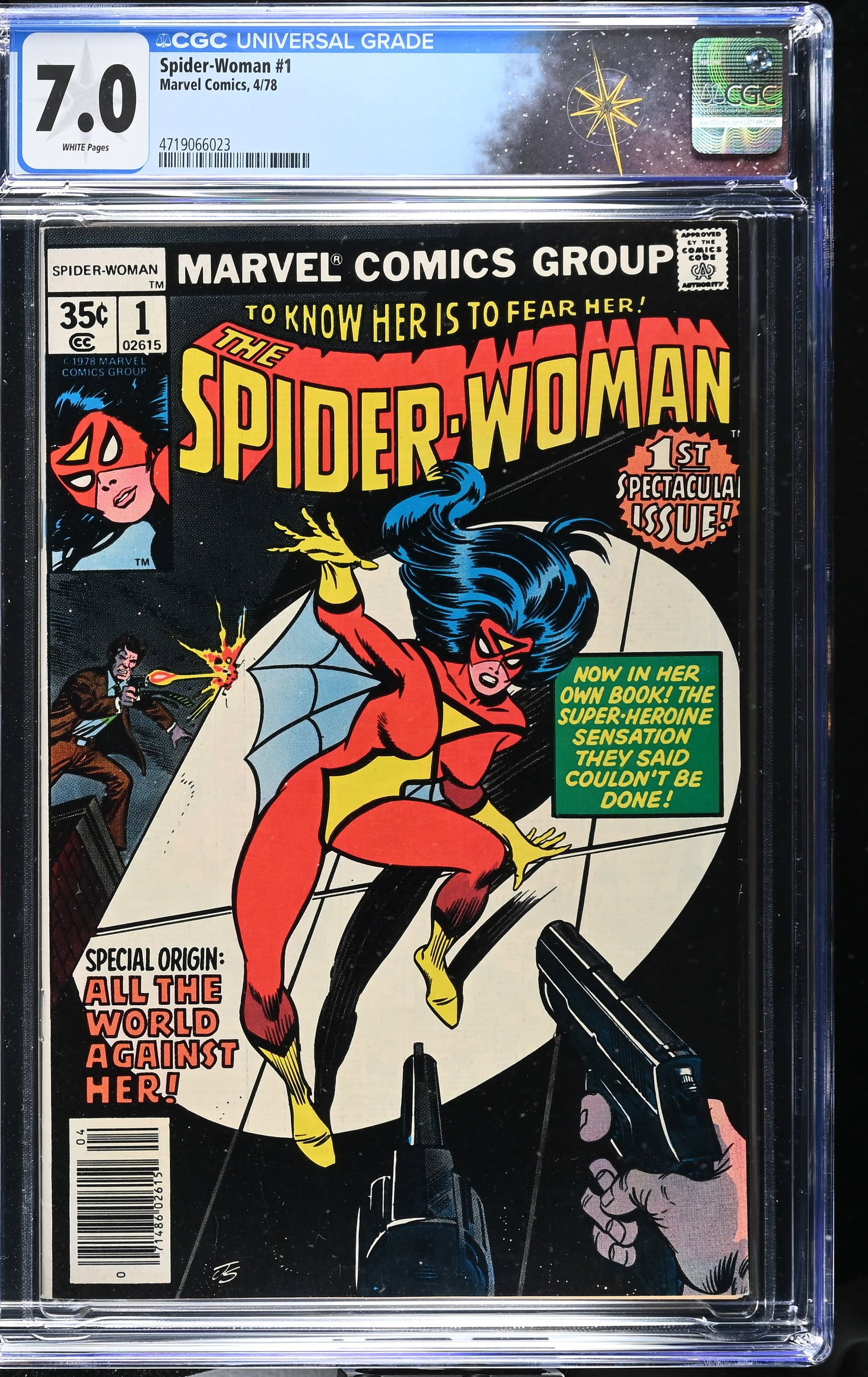 Spider-Woman #1 CGC 7.0 Origin of Spider-Woman (Marvel Comics, 1978) White Pages: Spider-Woman #1 CGC 7.0 Origin of Spider-Woman (Marvel Comics, 1978).Cover art by Joe Sinnott. Origin of Spider-Woman and name reveal in ?...A Future Uncertain!?. Story by Marv Wolfman, pencils by Car