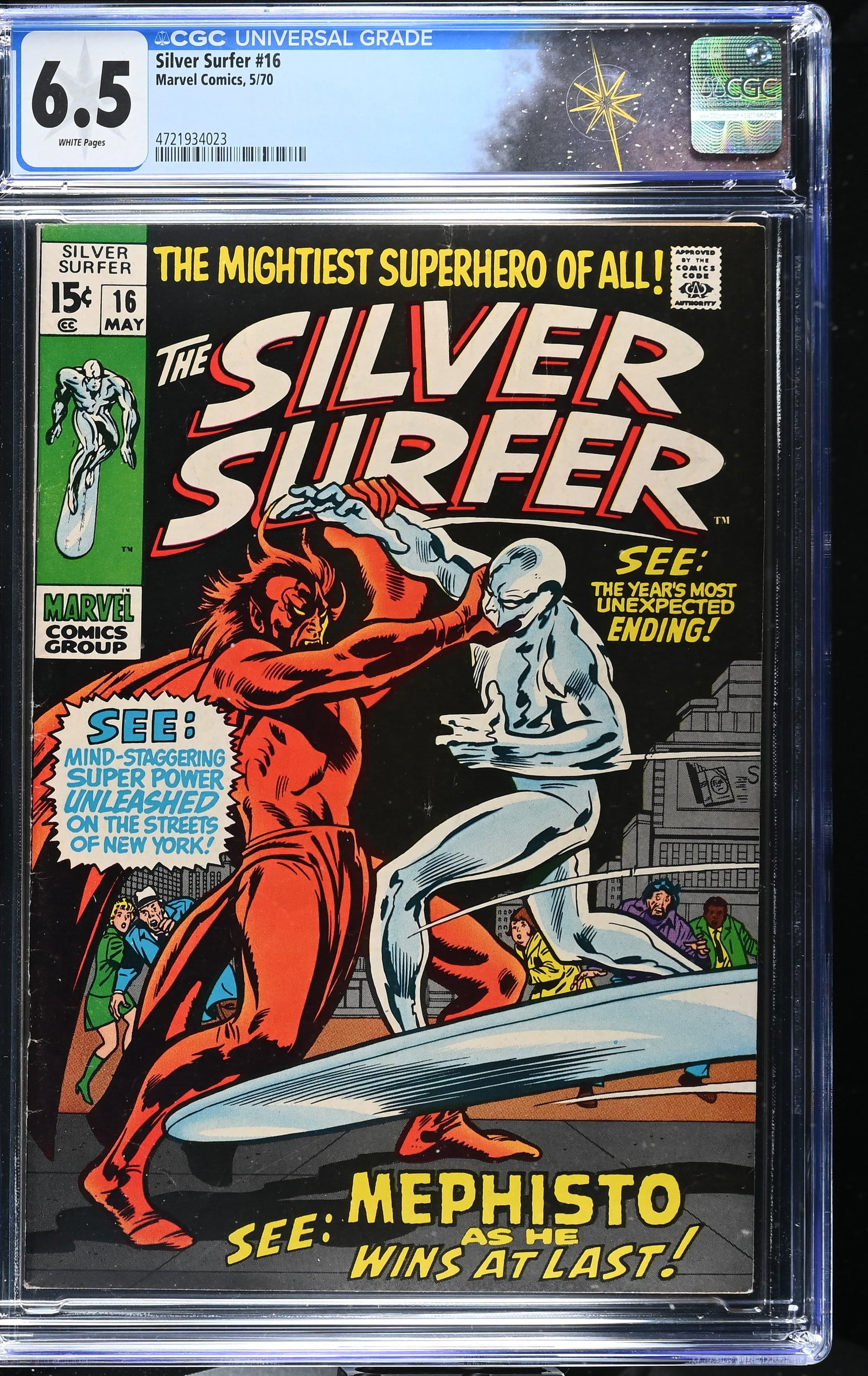 Silver Surfer #16 CGC 6.5 "In the Hands of Mephisto!" (Marvel Comics, 1970) White Pages: Silver Surfer #16 CGC 6.5 "In the Hands of Mephisto!" (Marvel Comics, 1970).Mephisto returns in "In the Hands of Mephisto!" Story by Stan Lee, pencils by John Buscema, and inks by Chic Stone. Letters 