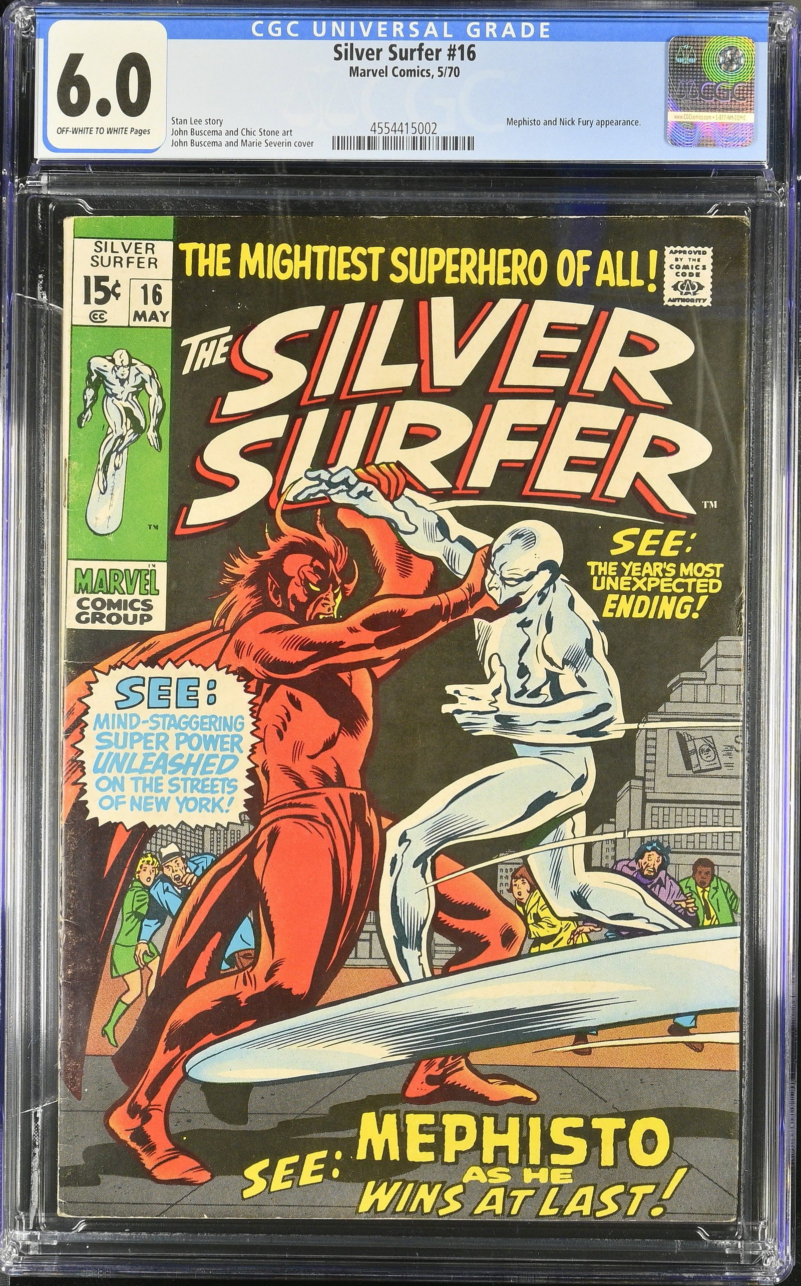 Silver Surfer #16 CGC 6.0 "In the Hands of Mephisto!" (Marvel Comics, 1970) Off-White to White Pages: Silver Surfer #16 CGC 6.0 "In the Hands of Mephisto!" (Marvel Comics, 1970).Cover by John Buscema and Chic Stone. Mephisto returns in "In the Hands of Mephisto!" Story by Stan Lee, pencils by John Bus