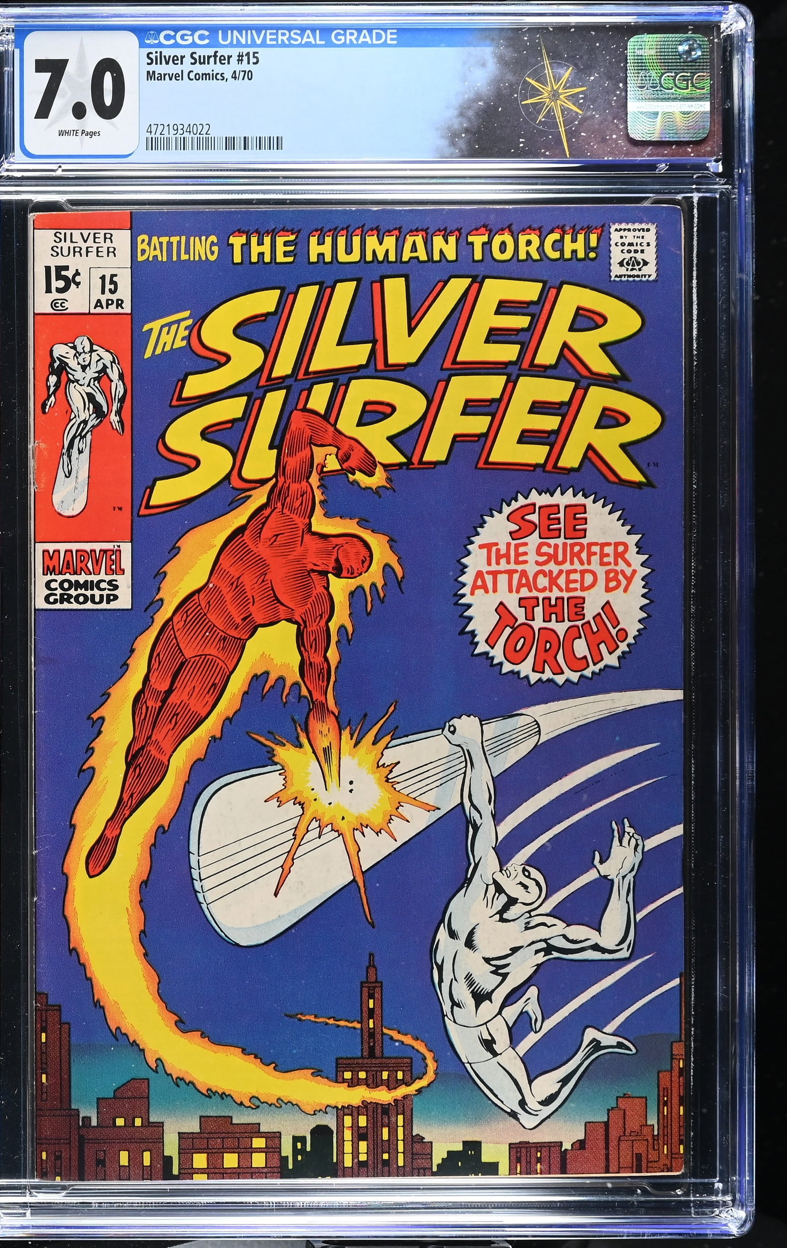 Silver Surfer #15 CGC 7.0 Silver Surfer vs. Human Torch "The Flame and the Fury!" (Marvel Comics,: Silver Surfer #15 CGC 7.0 "The Flame and the Fury!" (Marvel Comics, 1970).Cover pencils by Marie Severin and inks by Joe Sinnott. Silver Surfer vs. The Human Torch in ?The Flame and the Fury!?. Story 