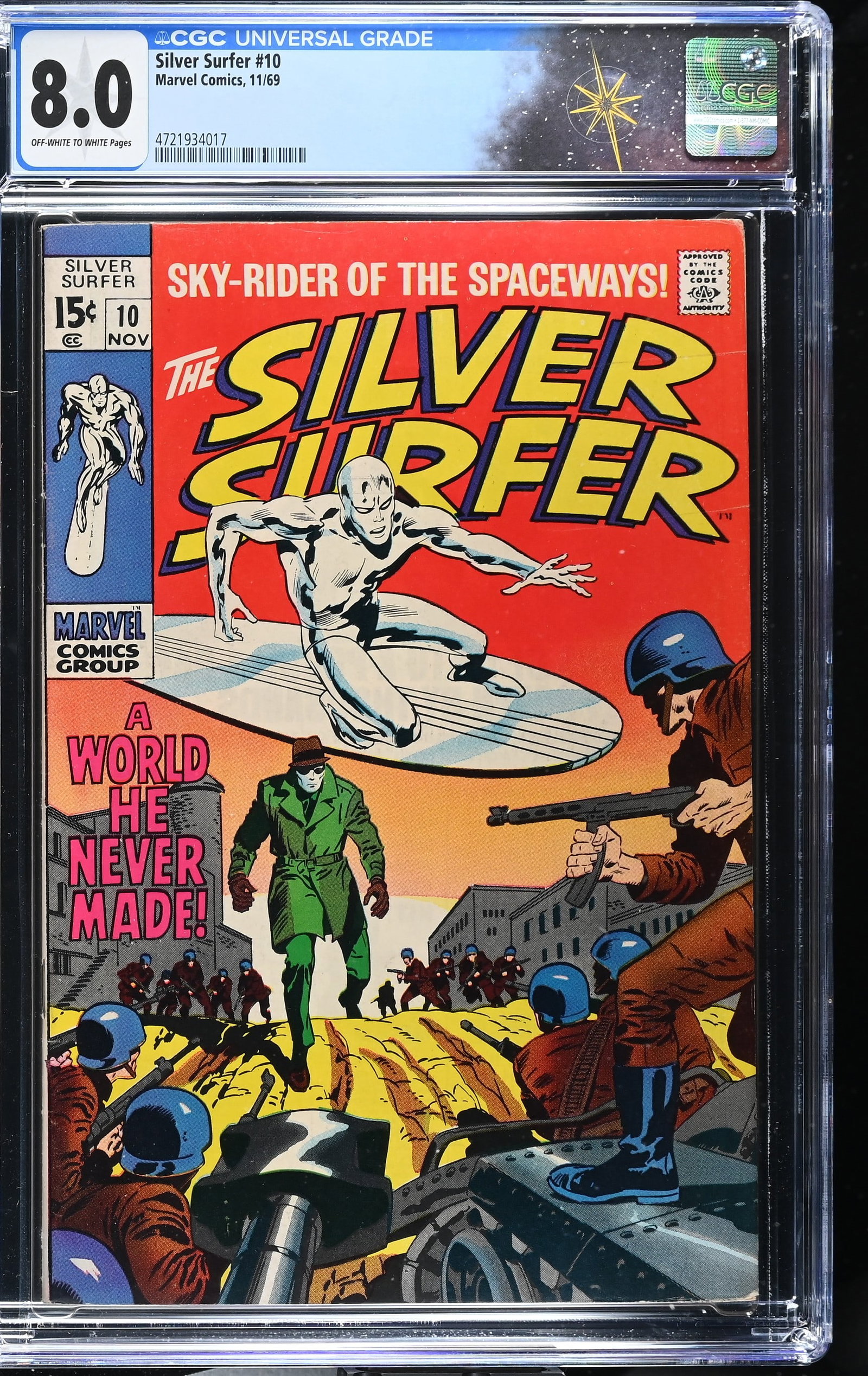 Silver Surfer #10 CGC 8.0 "A World he Never Made!" (Marvel Comics, 1969) Off-White to White Pages: Silver Surfer #10 CGC 8.0 "A World he Never Made!" (Marvel Comics, 1969).Cover by John Buscema and Dan Adkins. "A World he Never Made!" Part 1 of 2. Story by Stan Lee, art by John Buscema and Dan Adki