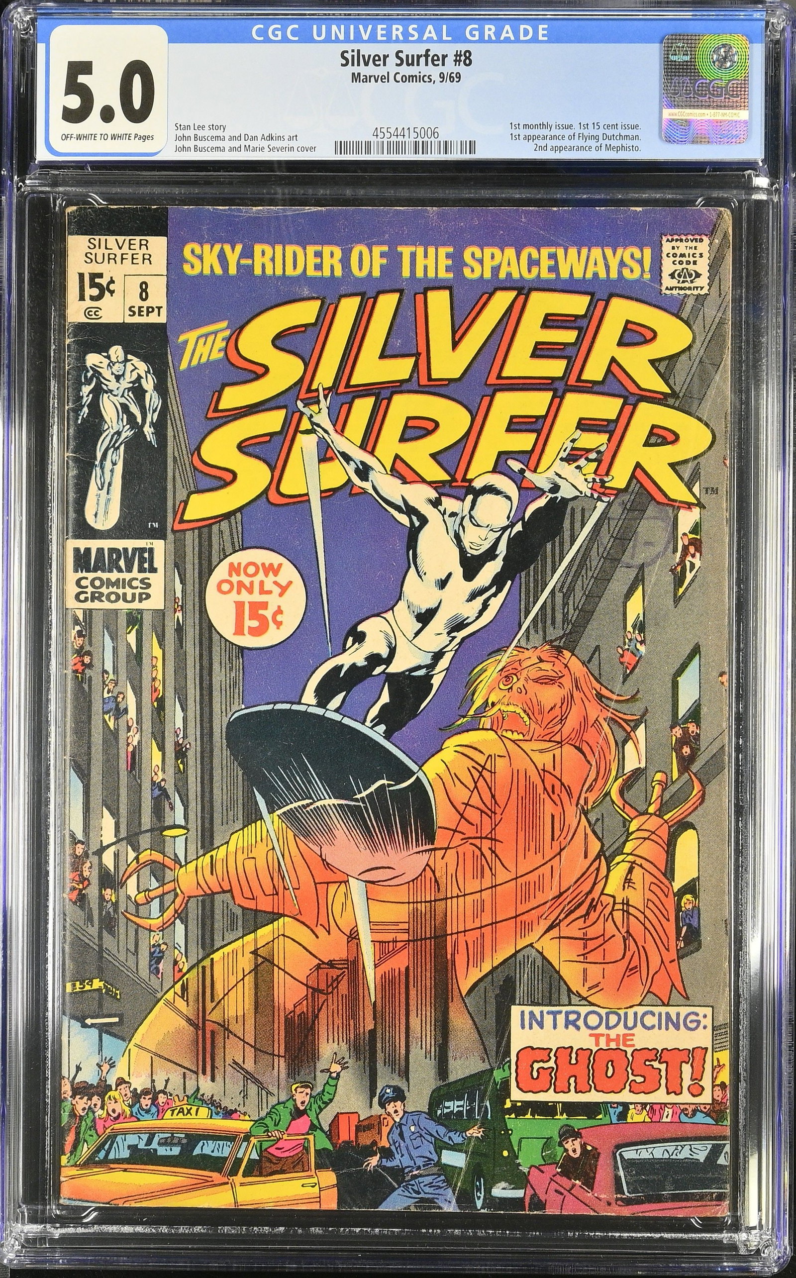 Silver Surfer #8 CGC 5.0 3rd Appearance of Mephisto "Now Strikes the Ghost!" (Marvel Comics, 1969): Silver Surfer #8 CGC 5.0 1st Appearance of Flying Dutchman (Marvel Comics, 1969)Cover by John Buscema and Dan Adkins. 3rd appearance of Mephisto in "Now Strikes the Ghost!" Part 1 of 2. Story by Stan 