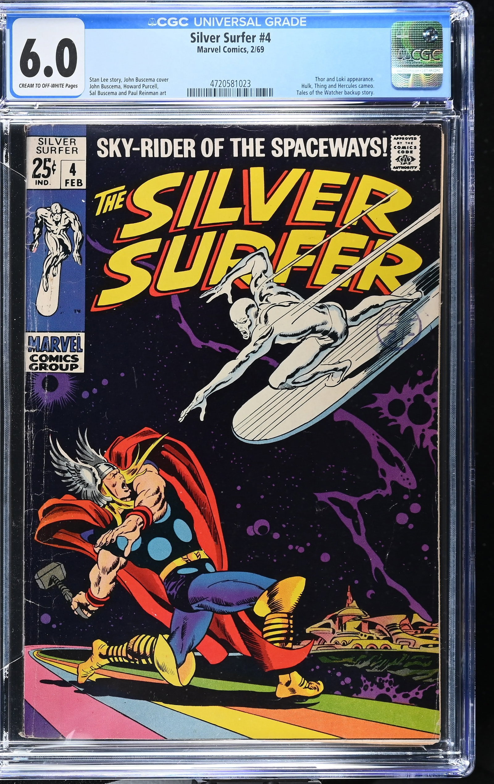 Silver Surfer #4 CGC 6.0 Iconic Cover of 1st Silver Surfer vs. Thor (Marvel Comics, 1969) Cream to: Silver Surfer #4 CGC 6.0 Iconic Cover of 1st Silver Surfer vs. Thor (Marvel Comics, 1969).Iconic cover by John Buscema. 68-page giant. 1st battle of Thor and Silver Surfer and 2nd appearance of Mephis
