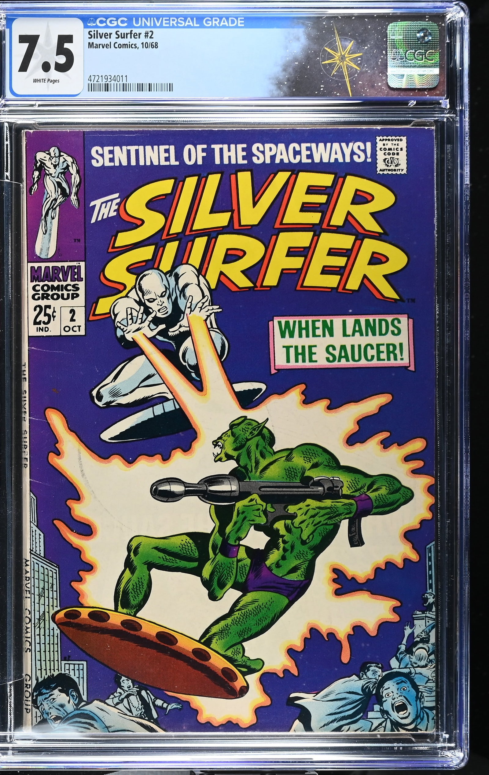 Silver Surfer #2 CGC 7.5 1st Appearance of the Brotherhood of Badoon (Marvel Comics, 1968) White: Silver Surfer #2 CGC 7.5 1st Appearance of the Brotherhood of Badoon (Marvel Comics, 1968).Cover by John Buscema and Joe Sinnott. 1st Appearance of the Brotherhood of Badoon in "When Lands the Saucer!