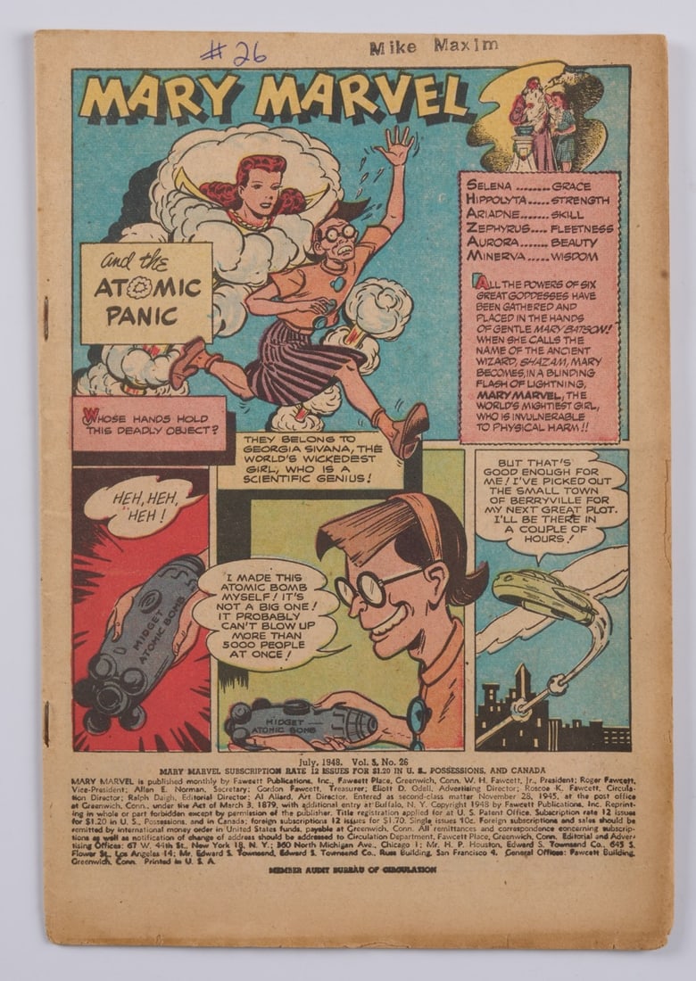 Mary Marvel Comics #26 'Mary Marvel and the Atomic Panic' (Fawcett, 1948) NR: Mary Marvel Comics #26 'Mary Marvel and the Atomic Panic' (Fawcett, 1948) NR"The Atomic Panic," script by Otto Binder, art by Jack Binder; Mary must stop Georgia from using her recently created miniat